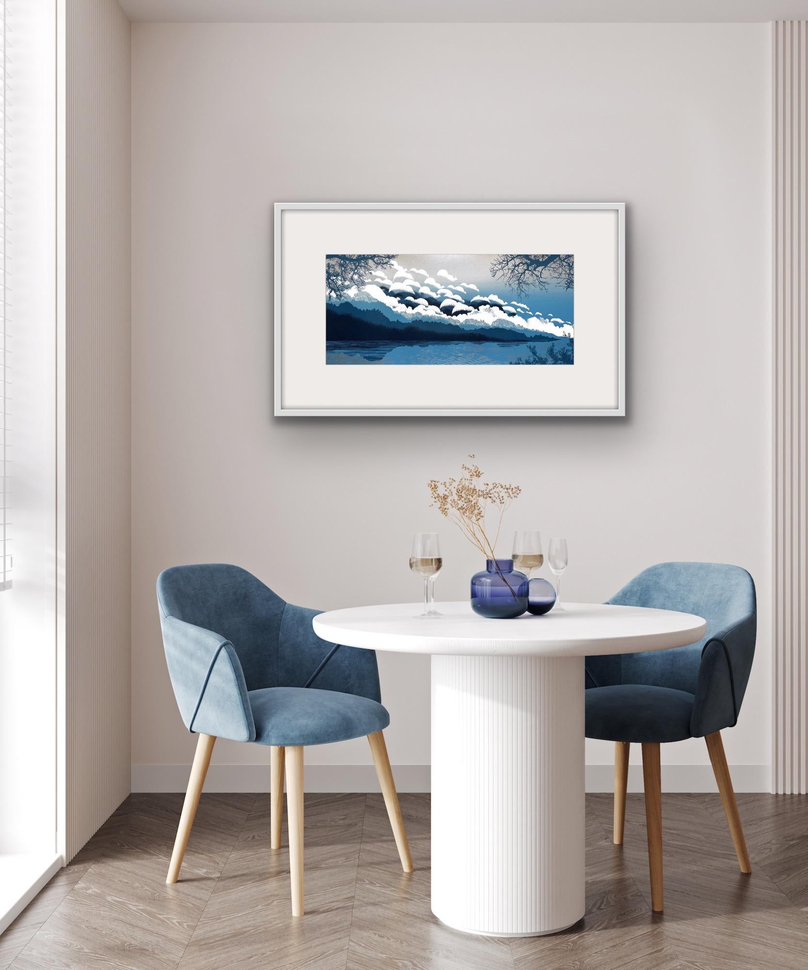 Dreamcloud, Blue Art, Contemporary Skyscape Artwork, Blue and White Lakeside Art - Print by Chris Keegan