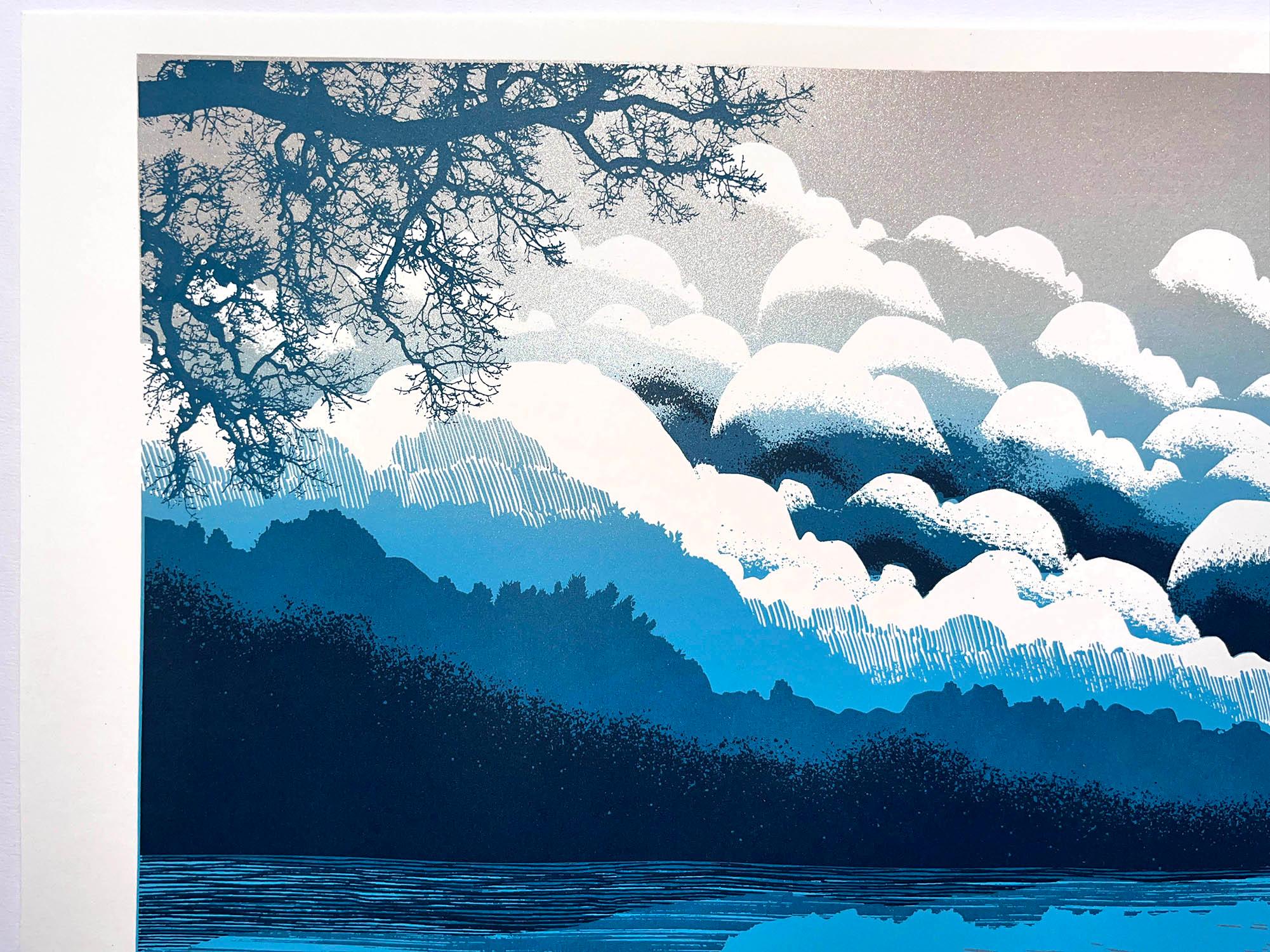 This Four colour screen print illustrates a mesmerizing Blue cloudscape. The surreal and imaginary cloudscape is brought to life with the use of subtle mark-making techniques, creating intricate cloud patterns that seem to stretch out infinitely.