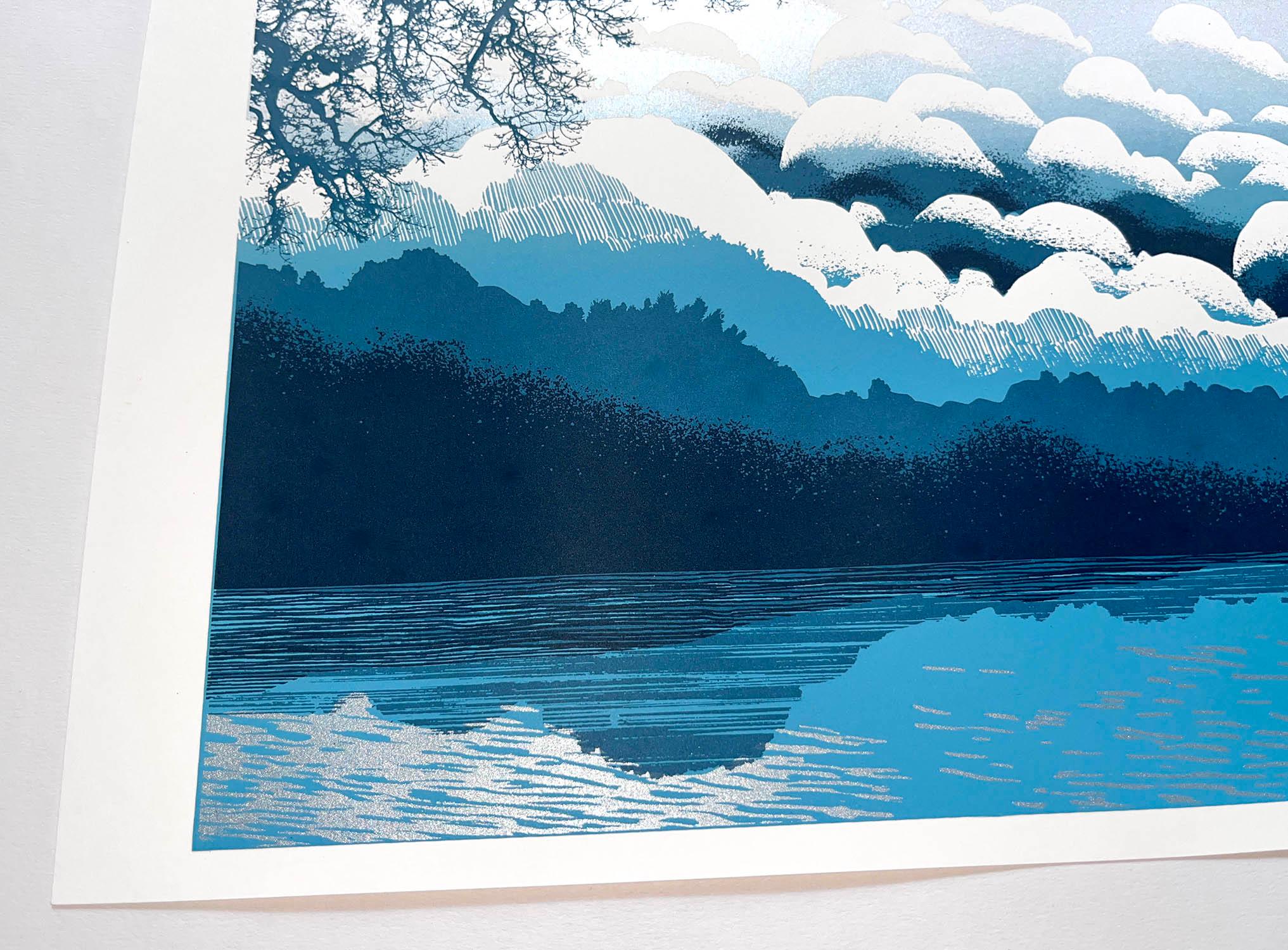 Dreamcloud, Blue Art, Contemporary Skyscape Artwork, Blue and White Lakeside Art For Sale 1