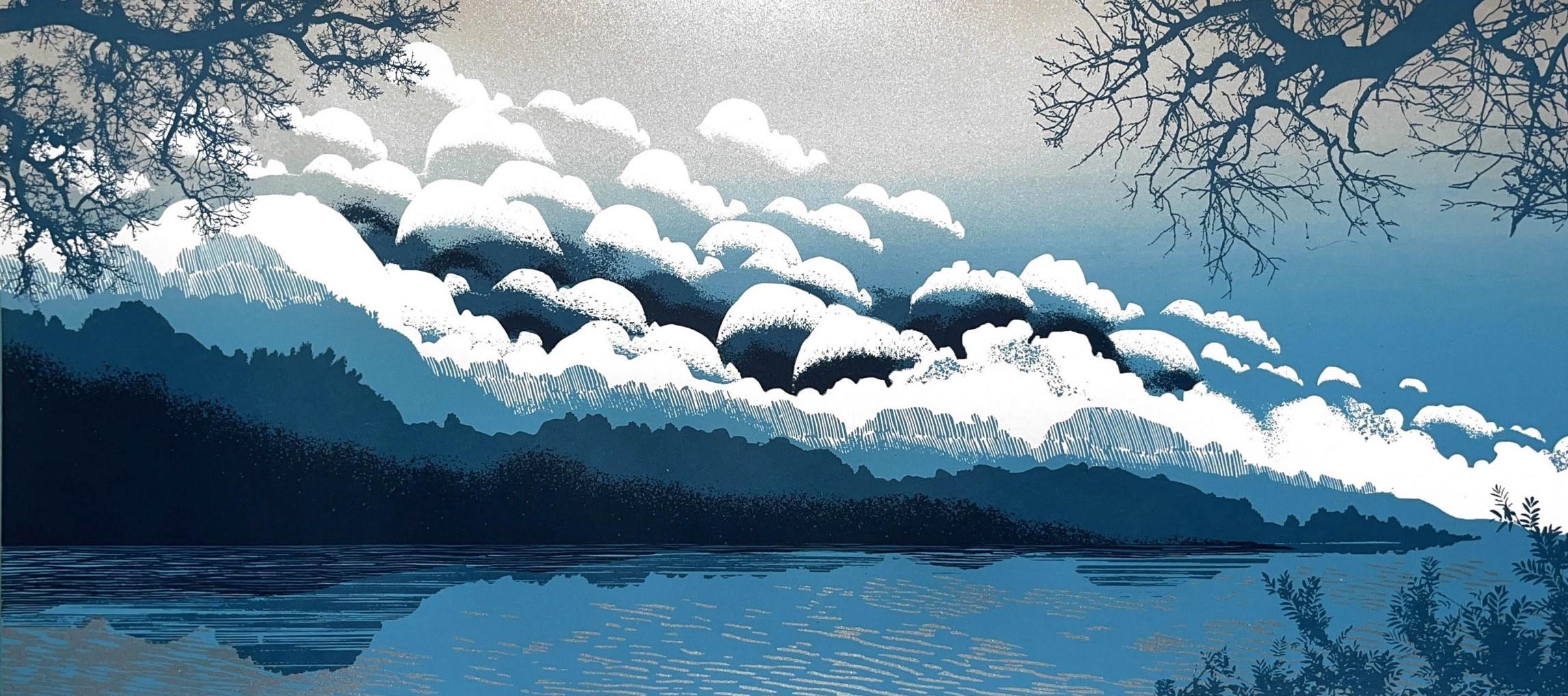 Dreamcloud, Blue Art, Contemporary Skyscape Artwork, Blue and White Lakeside Art For Sale 2