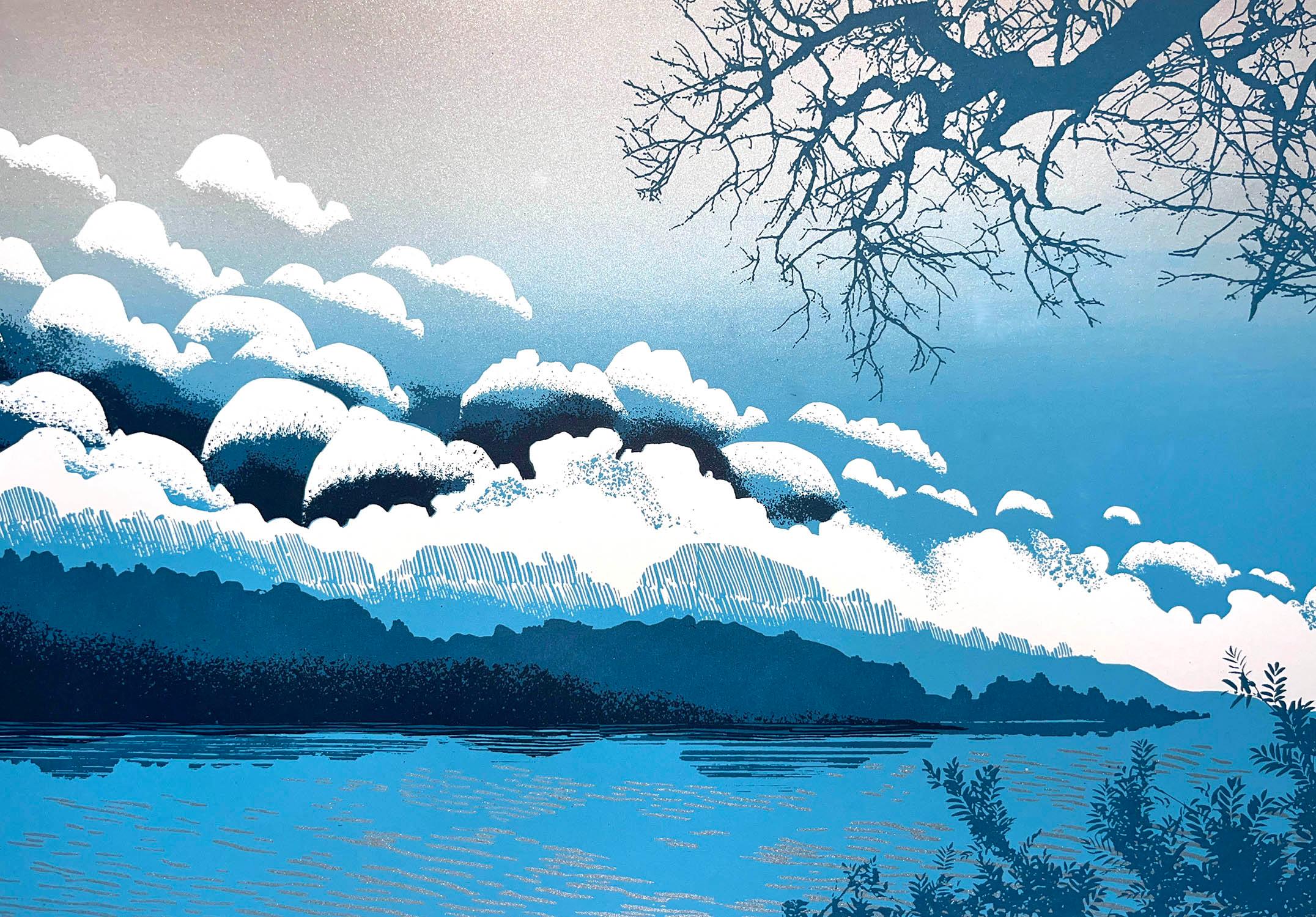 Dreamcloud, Blue Art, Contemporary Skyscape Artwork, Blue and White Lakeside Art For Sale 3