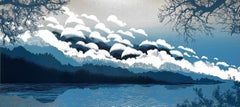 Dreamcloud, Blue Art, Contemporary Skyscape Artwork, Blue and White Lakeside Art