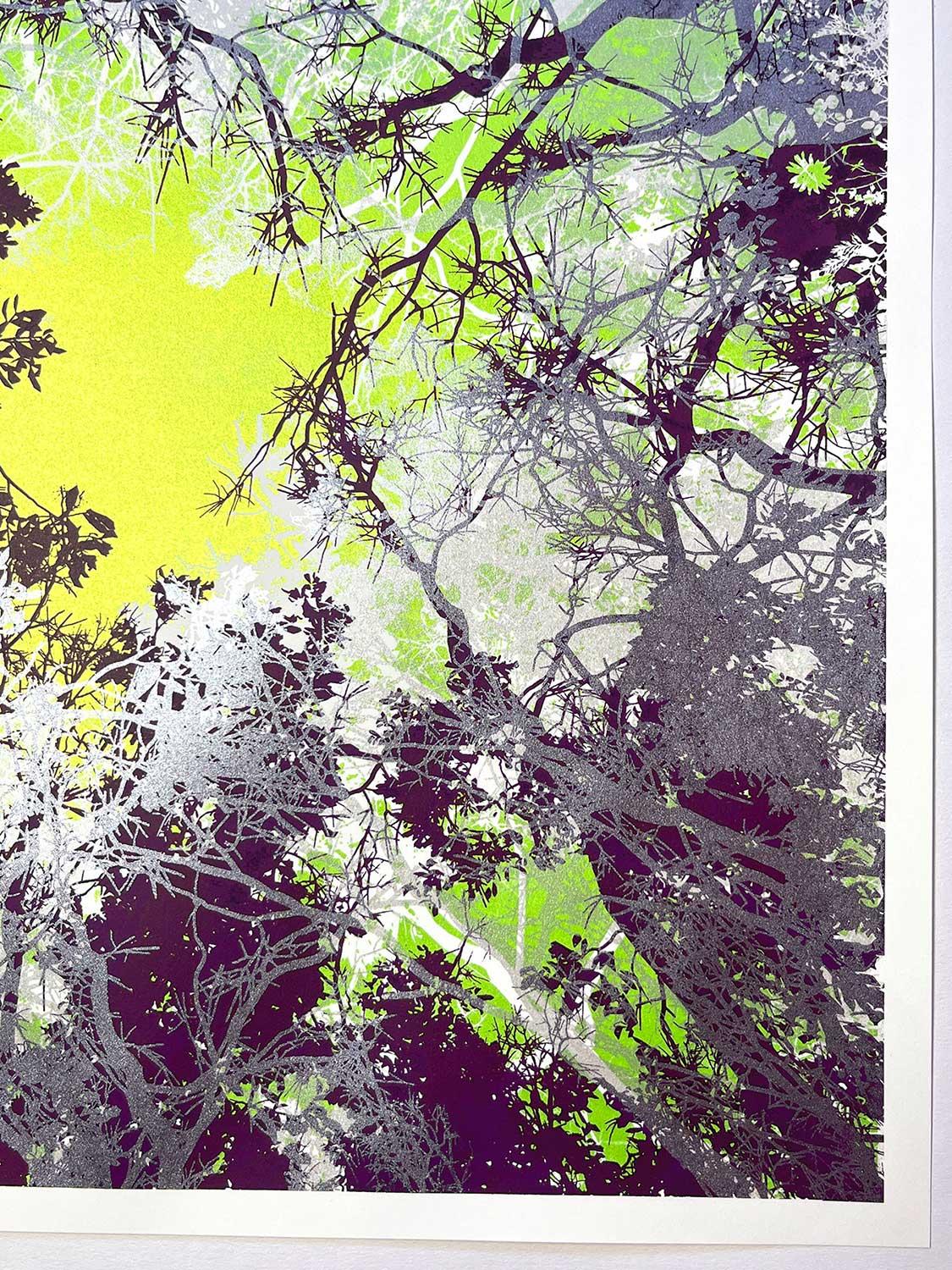 INTO THE WILD, Druck in limitierter Auflage, Wald, Neon, Grün, B&W, Baum, Metallic (Beige), Abstract Print, von Chris Keegan