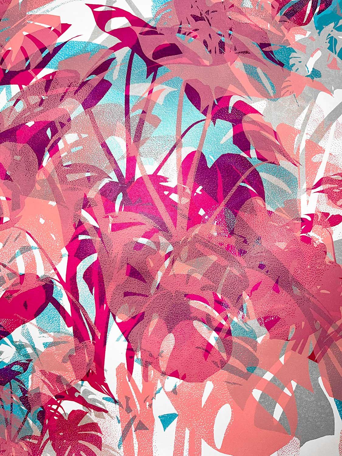 RED MONSTERA, Limitierte Auflage, Tropisch, Rot, Blau, Baum, Nature  – Print von Chris Keegan