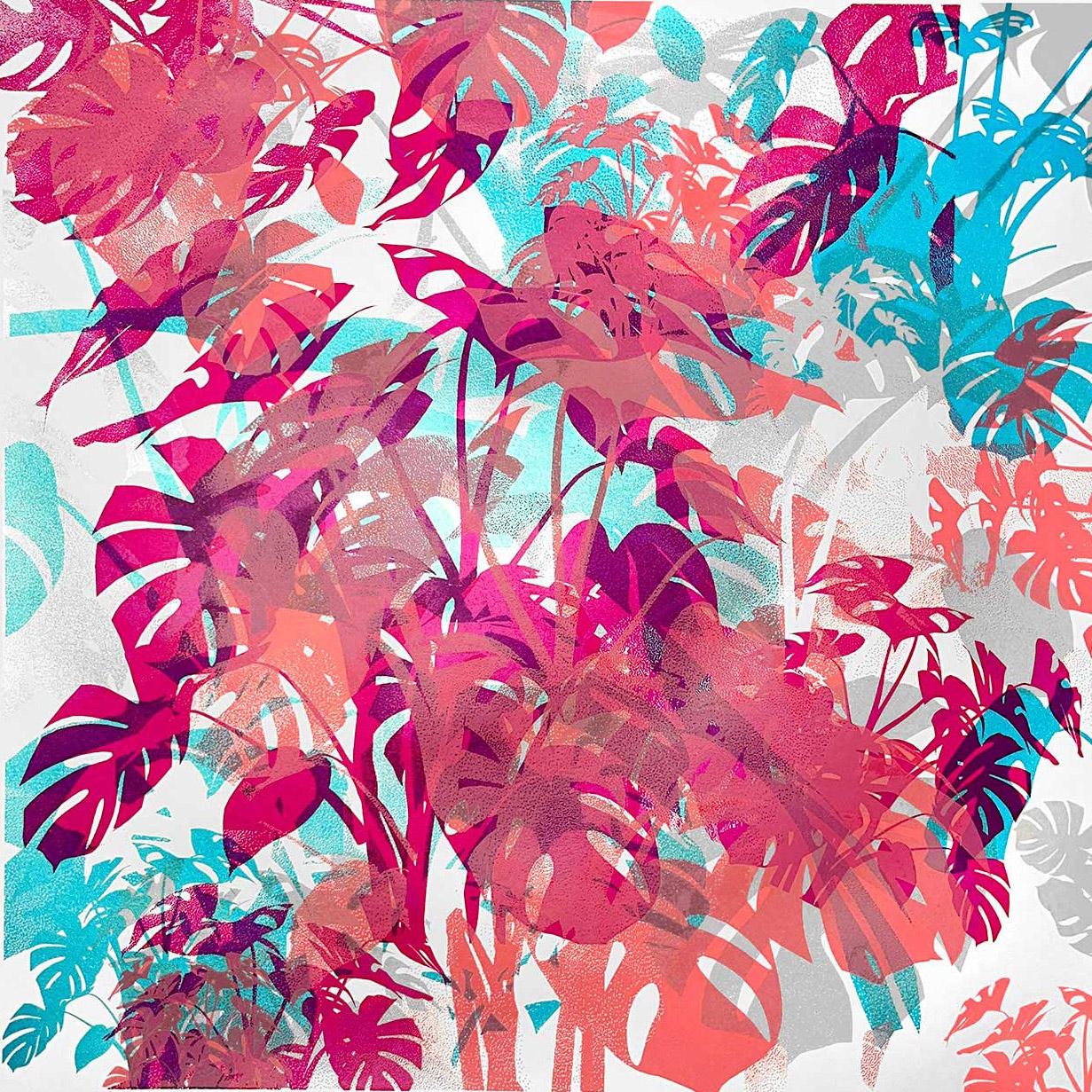 RED MONSTERA, Limited edition print, Tropical, Red, Blue, Tree, Nature  For Sale 1