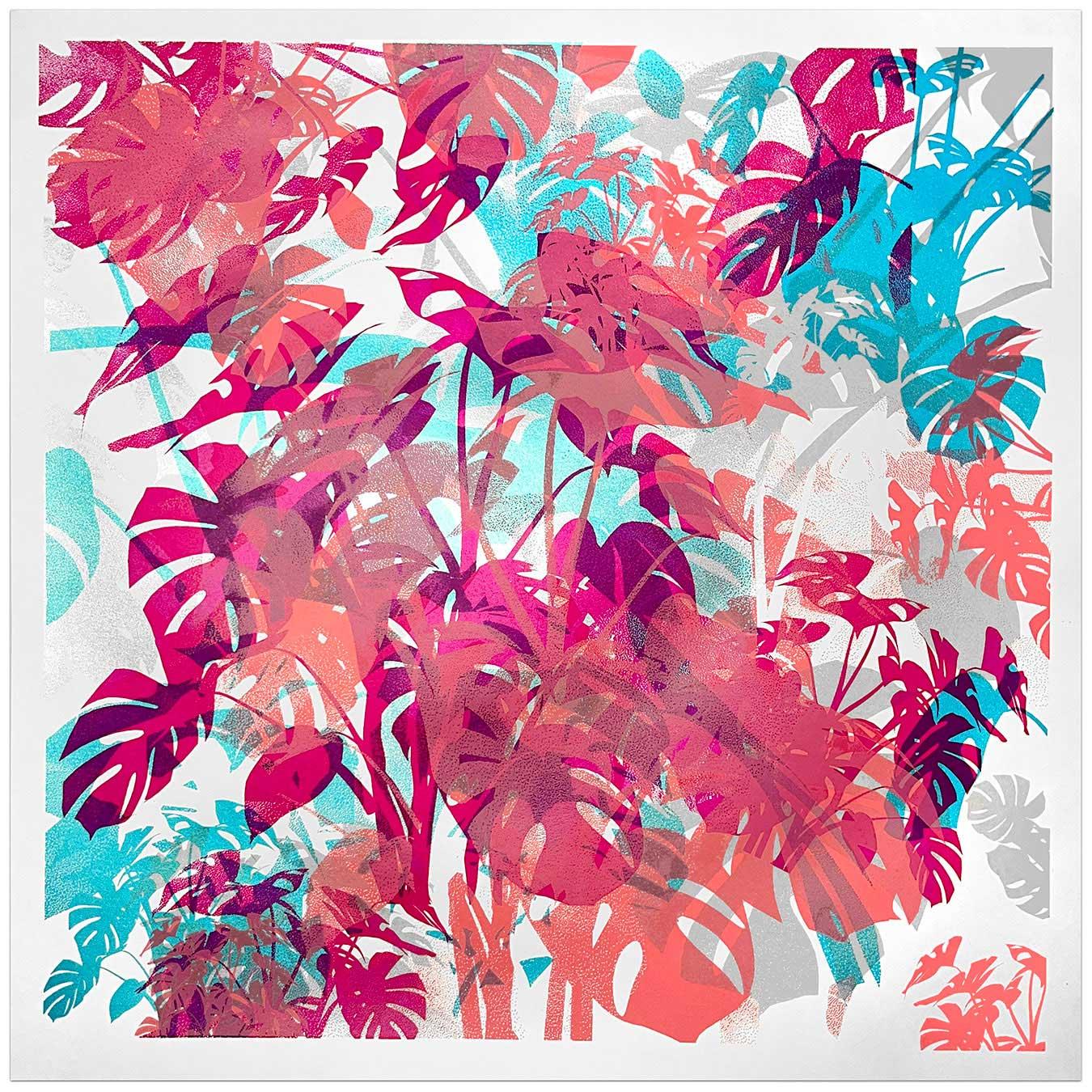 RED MONSTERA, Limited edition print, Tropical, Red, Blue, Tree, Nature  For Sale 2