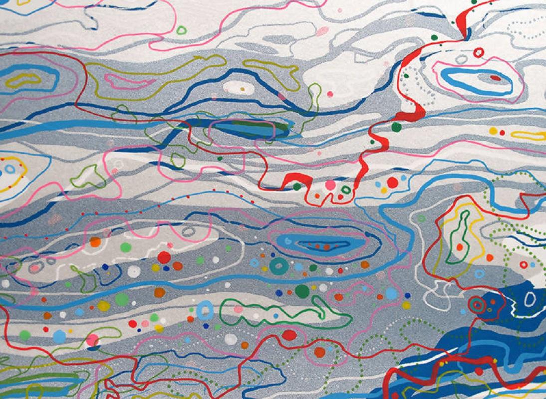 Ripples of Colour, Kunstdruck, Abstrakt, Wasser, Linienkunst, Blaugrün, Rot, Weiß  (Grau), Print, von Chris Keegan