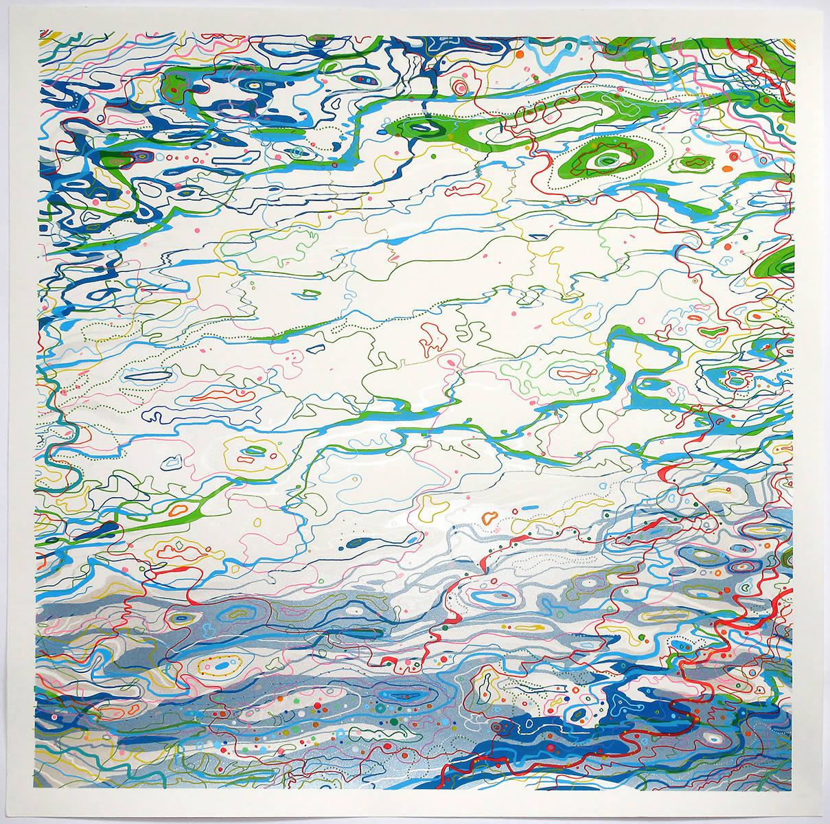 Chris Keegan Print – Ripples of Colour, Kunstdruck, Abstrakt, Wasser, Linienkunst, Blaugrün, Rot, Weiß 