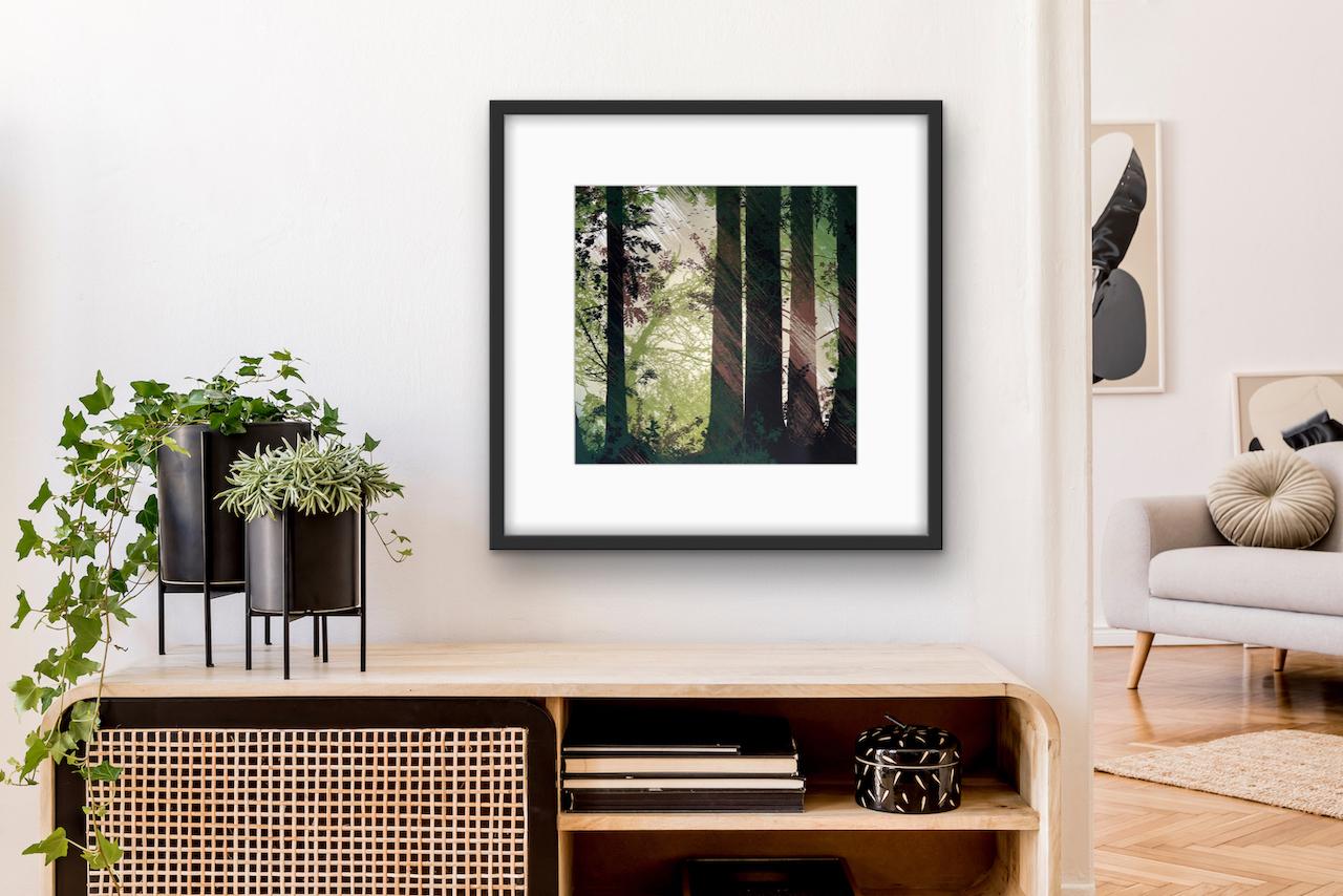 Shafts of Light, Limited Edition Woodland Print, Japanese Style Screen Print - Black Landscape Print by Chris Keegan