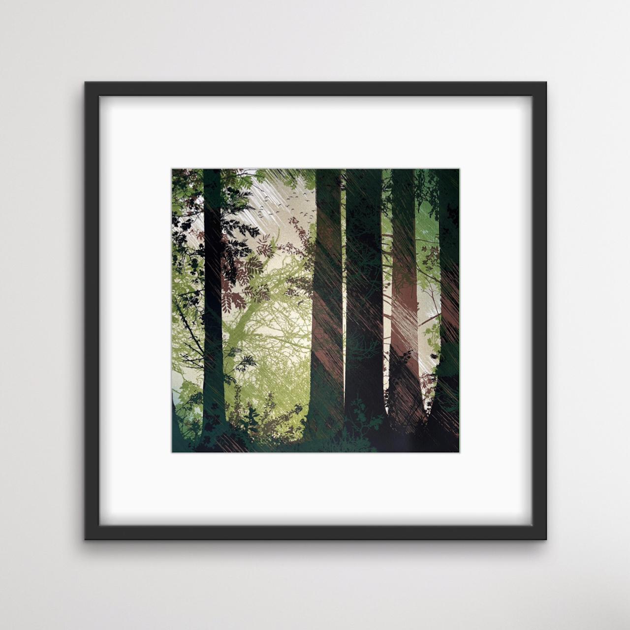 The inspiration for this print is to capture the momentary spectacle when shafts of light cast themselves through a densely packed woodland canopy. The print boasts a vibrant array of four stunning colours, featuring an under-layer of metallic Gold