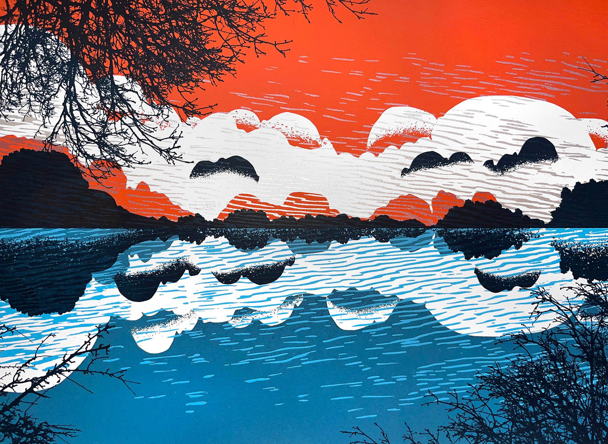 This five colour screen print illustrates a multi-layered seascape with interweaving water ripples dynamically interacting with a surreal imaginary landscape. Subtle mark-making edges hillsides into cloud patterns creating endless virtual