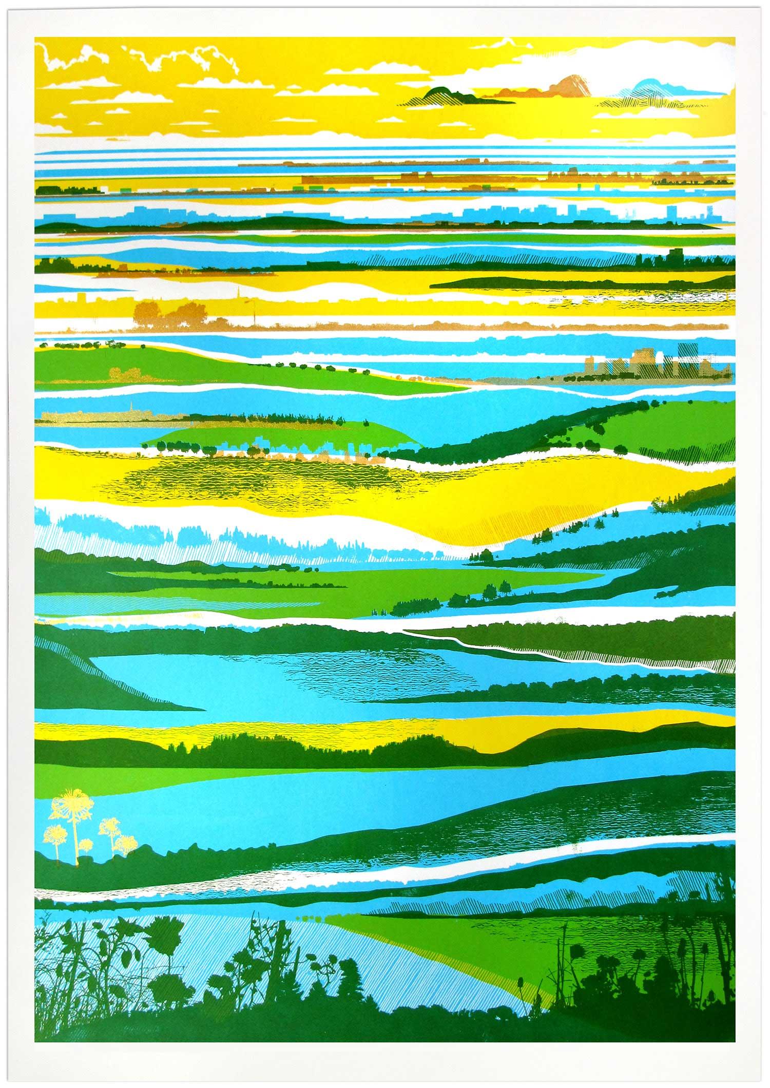 Overall size- H112 x W80

Rolling Hills

Chris Keegan

This is a four colour print combining Yellow, deep Green and Blue layered and finished off with a vibrant bold Red.
The inspiration for this print comes from a drawing I did standing on top of a