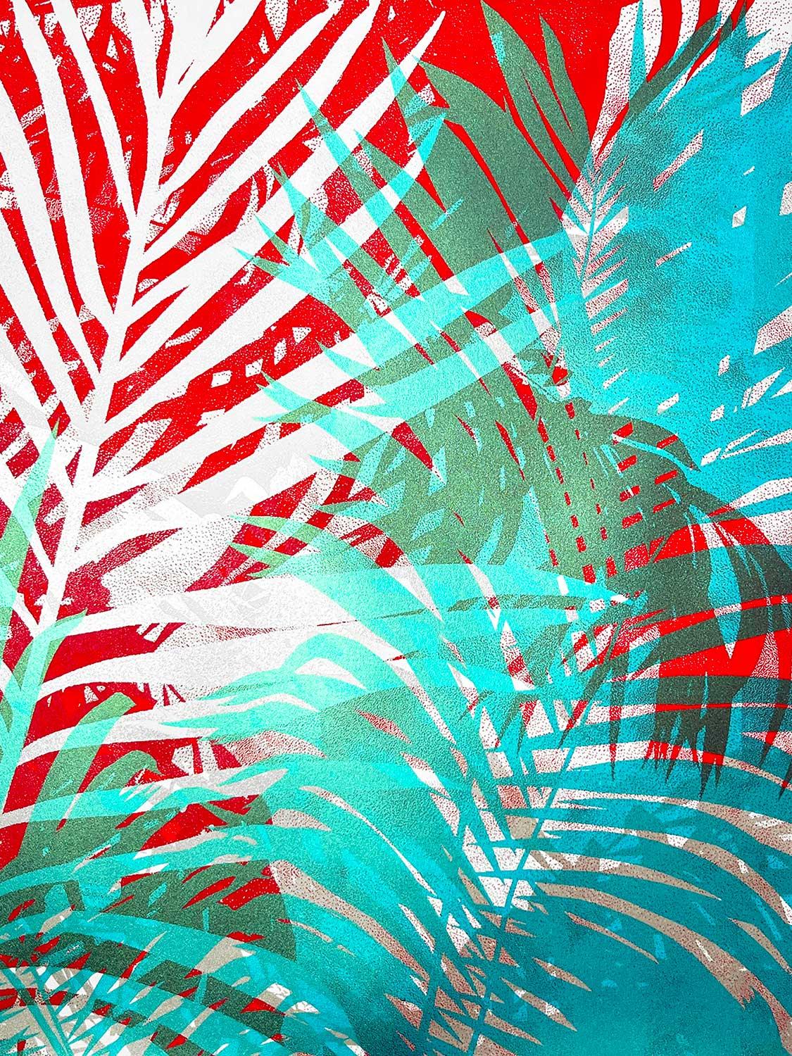 This is a Three colour screen print which includes two metallic inks. The print captures the wild nature of palm tree leaves. Limited edition of 40. It's 40 x 40 cm. Artwork printed on GF Smith Naturalis 330gsm.

ADDITIONAL INFORMATION:
Screen