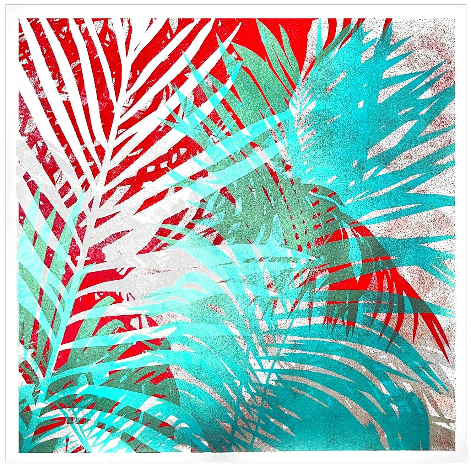 Chris Keegan Landscape Print – TROPIC PALM, Limitierte Auflage, Tropisch, Rot, Blau, Baum, Nature 