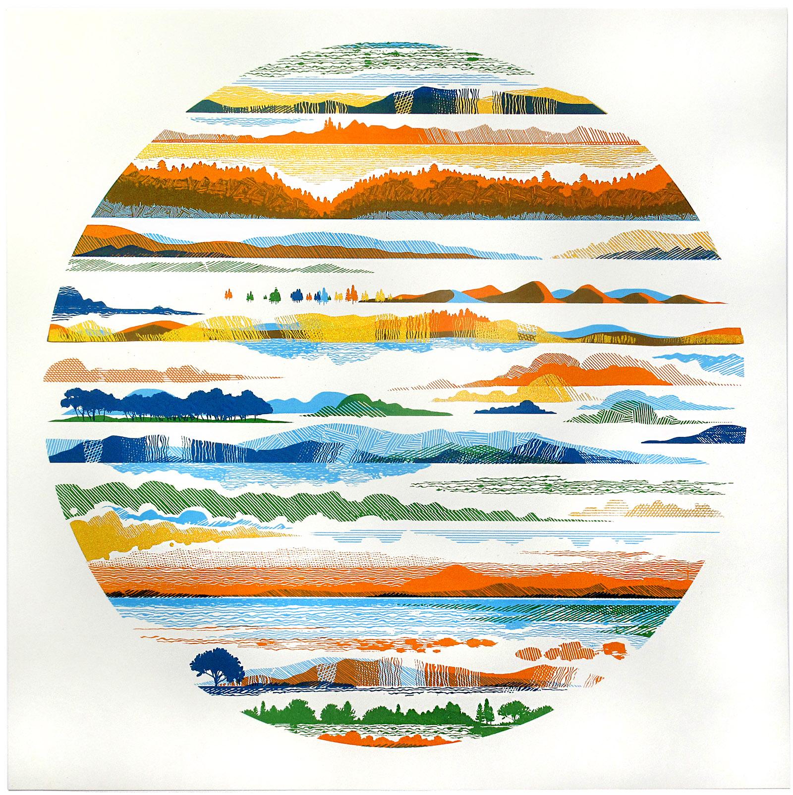 Vantage point by Chris Keegan.
This Five colour handmade screen print depicts a multi-layered dynamic set of landscapes all floating above and below each other. Created is an image of rolling hills overlapping and interweaving in layers of colour