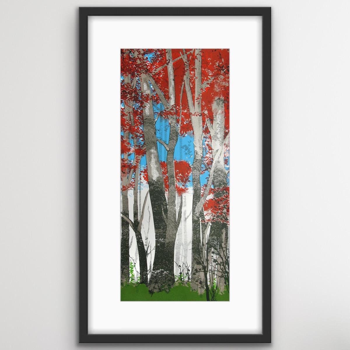 Woodland Birch, Landscape Art, Tree Art, Red Art, Green Art, Woodland Art - Contemporary Print by Chris Keegan