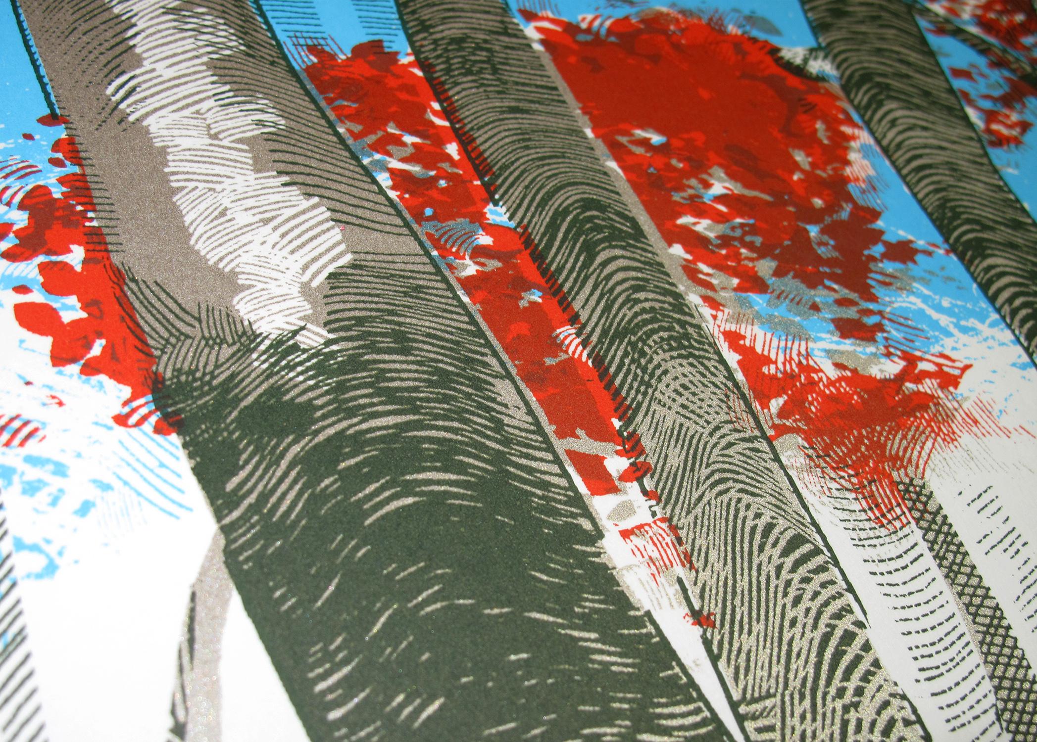 Woodland Birch, Landscape Art, Tree Art, Red Art, Green Art, Woodland Art - Gray Landscape Print by Chris Keegan