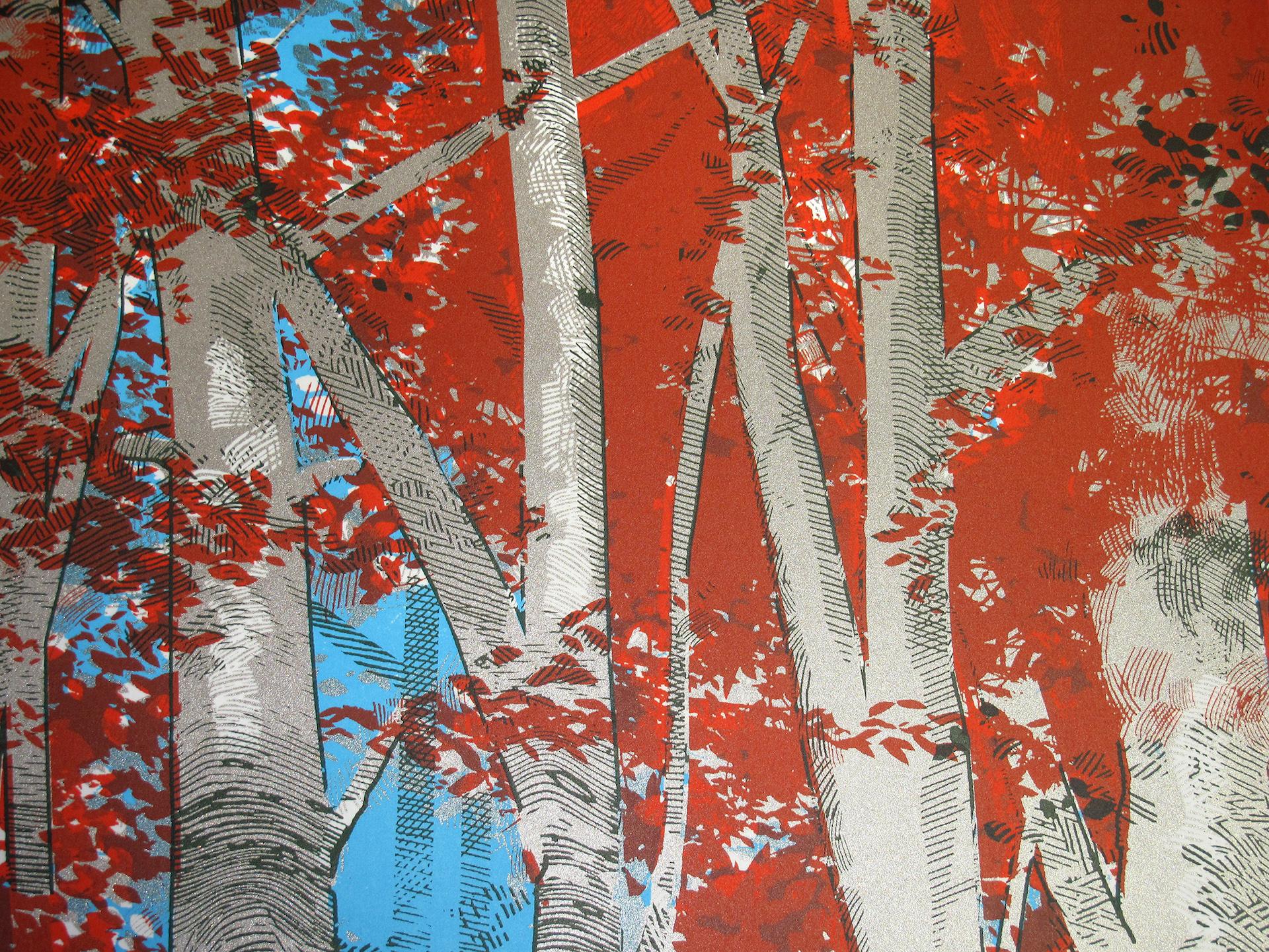 Woodland Birch is a limited edition print by Chris Keegan. Created from five colour layers including metallic silver ink this print is inspired by nature. Forming a dynamic style of vertical tree trunks and an orange leafy covering top. Adding
