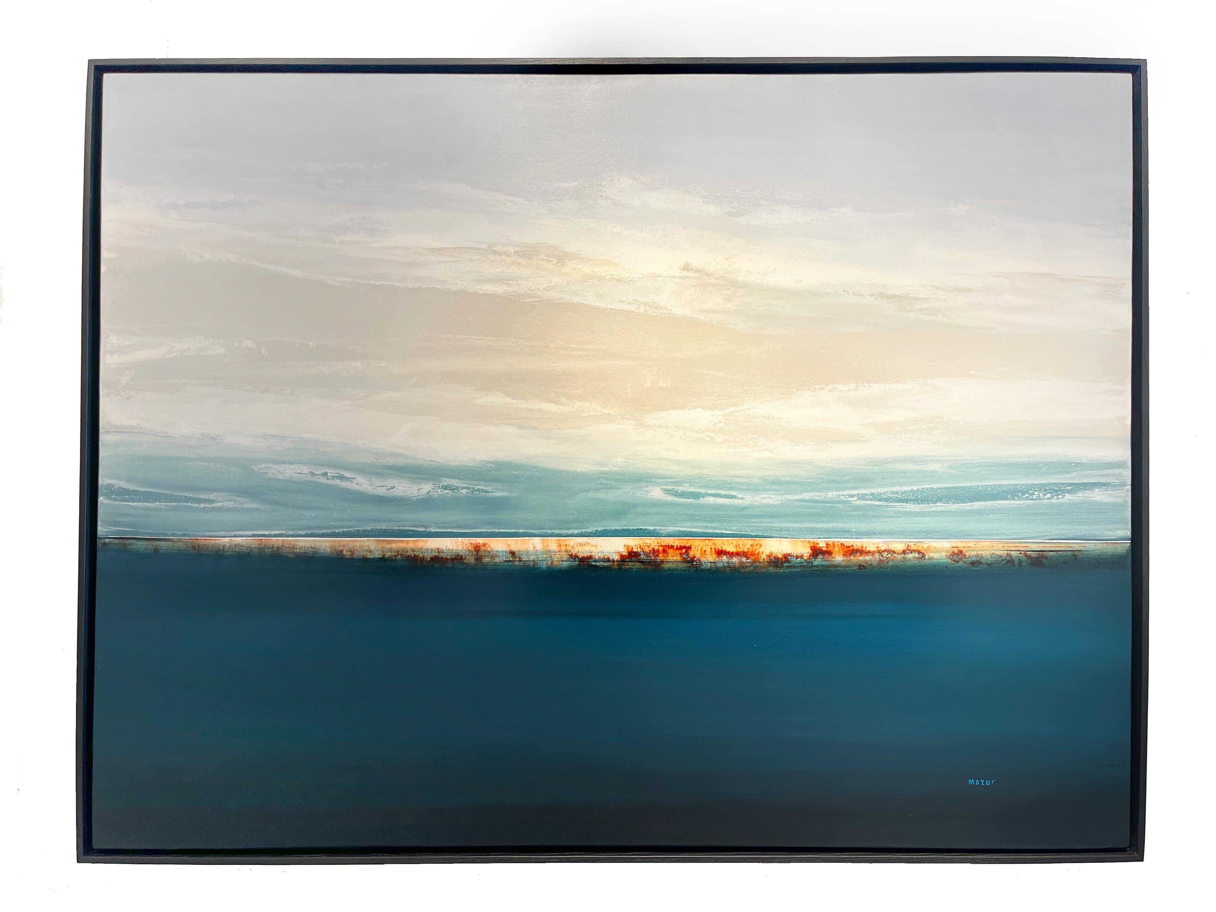 Chris Masoure Abstract Painting - Gathering Sky, serene and tranquil landscape, horizon in blue and orange