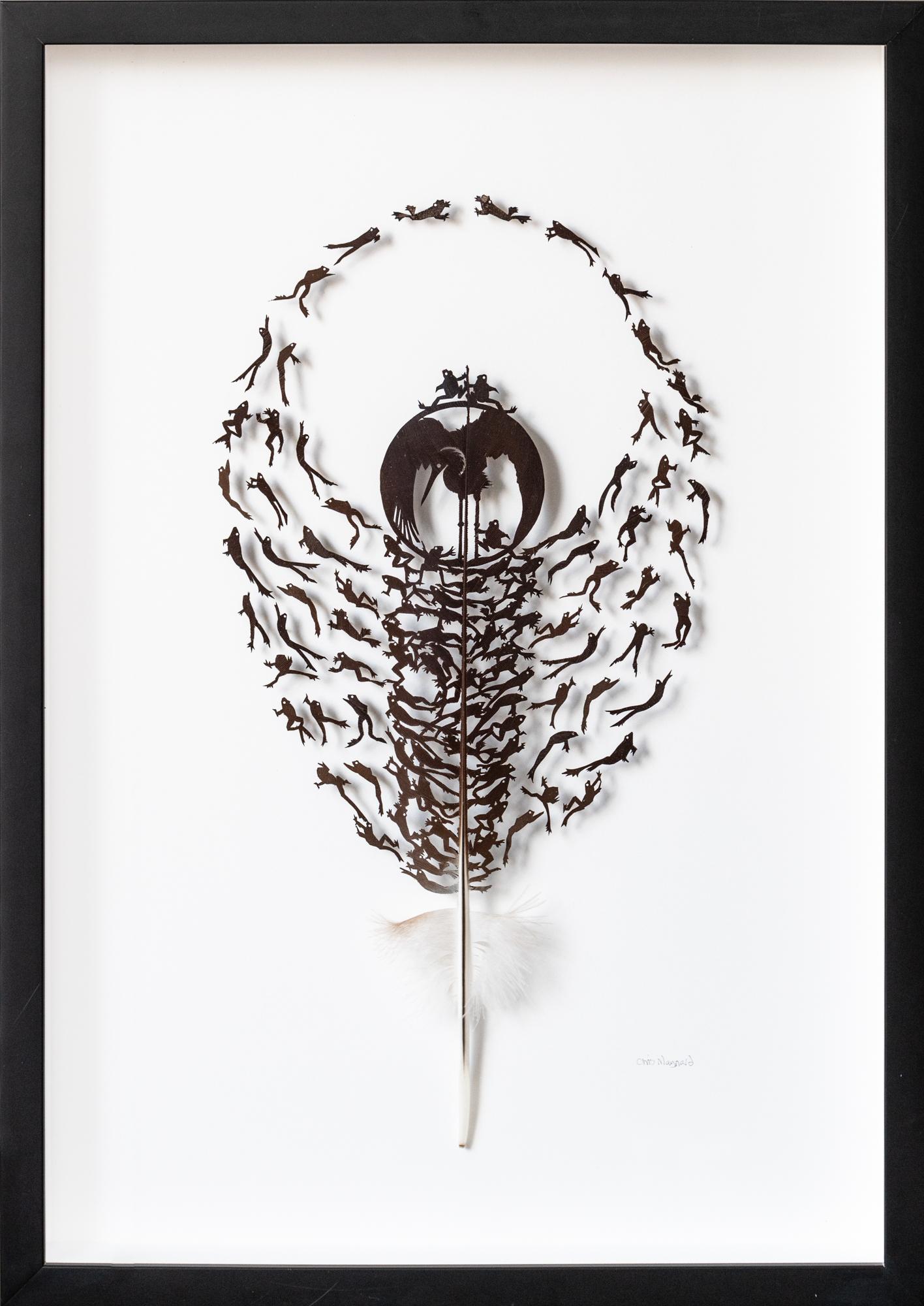 "Amphibian Delight", hand-carved feather sculpture