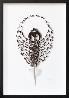 "Amphibian Delight", hand-carved feather sculpture