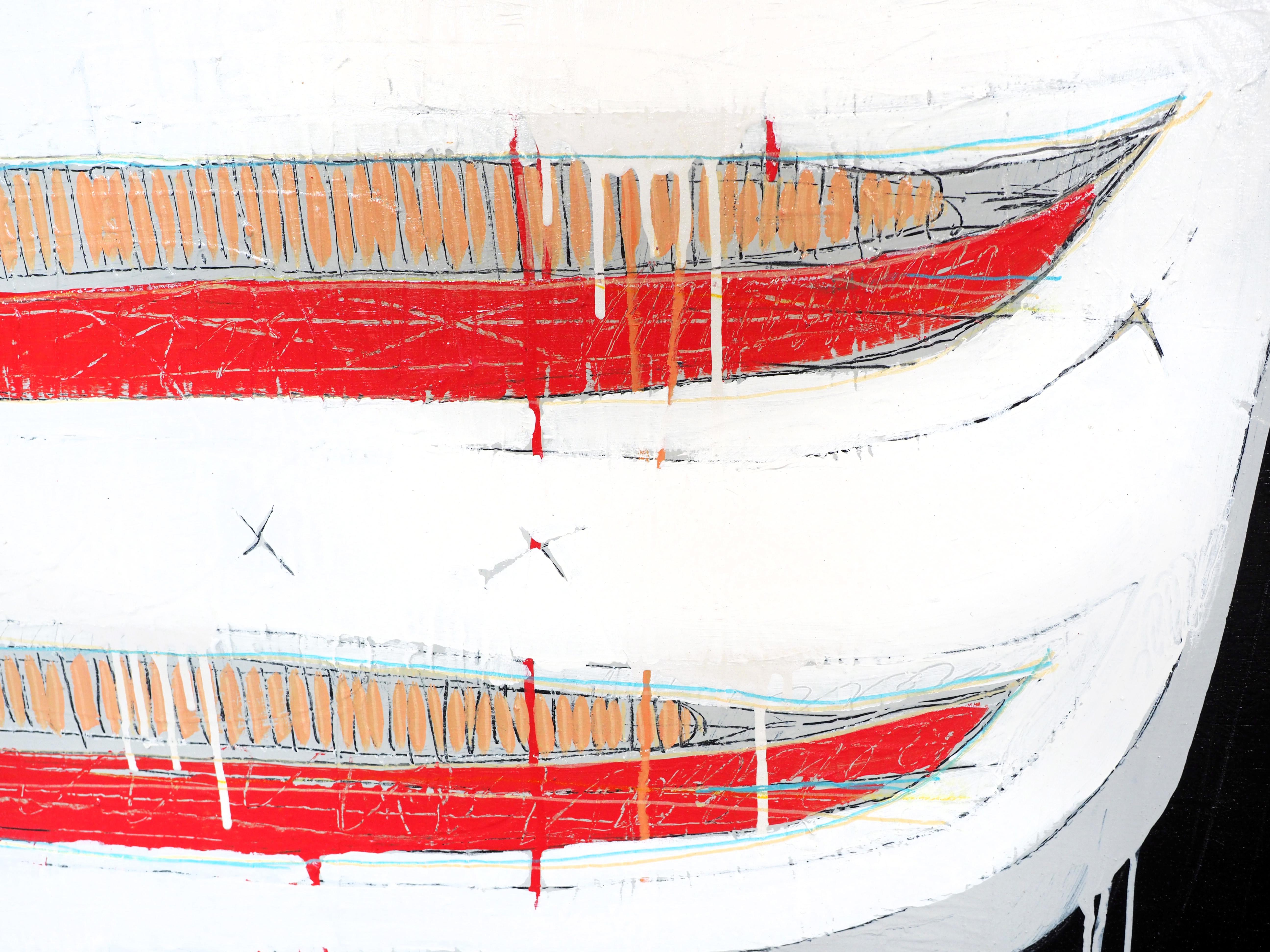 Manifest  All These Voices displays three canoes split in a minimalist space of white, black, and red with an intricate textured background. McAdoo's Manifest series depicts the creative stupor of the need to return to the foundational elements of