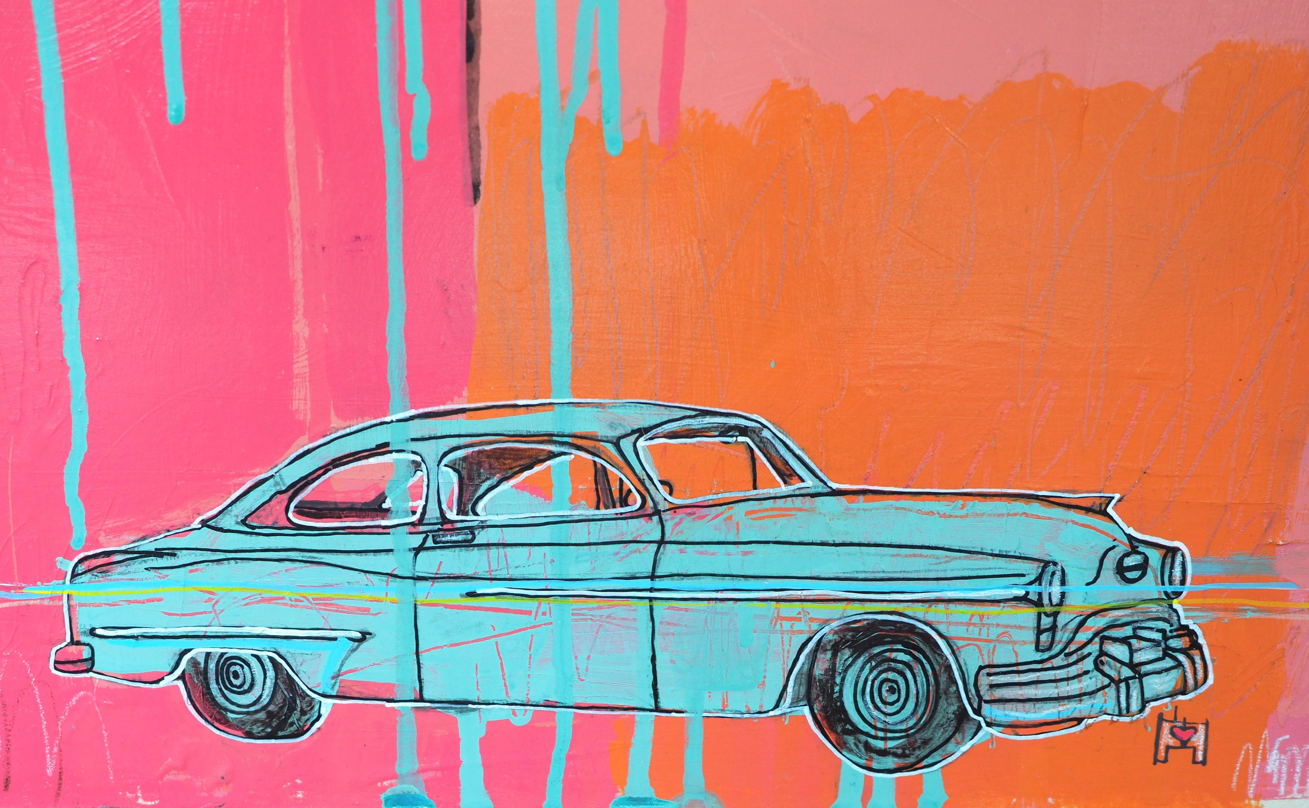 Remain Calm displays a '52 Oldsmobile 303 V8 HP Rocket 88 and canoes repeating throughout the composition. The iconic vehicle, neon and pastel colors of pink and teal, embody the memory of McAdoo's late uncle, while the canoe has become a fixture in