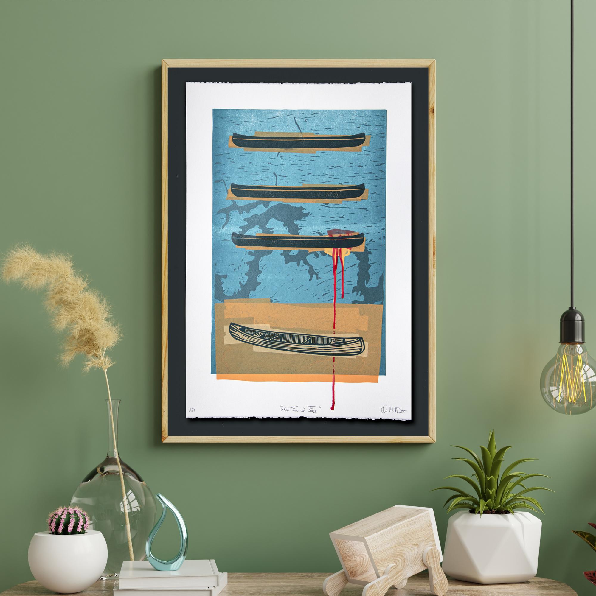 When There is Time showcases four canoes with the Tennessee River in the background, running through Knox County, TN. Each print was painstakingly carved and printed one color at a time on an 80 year old Vandercook proof press. The boat has become a