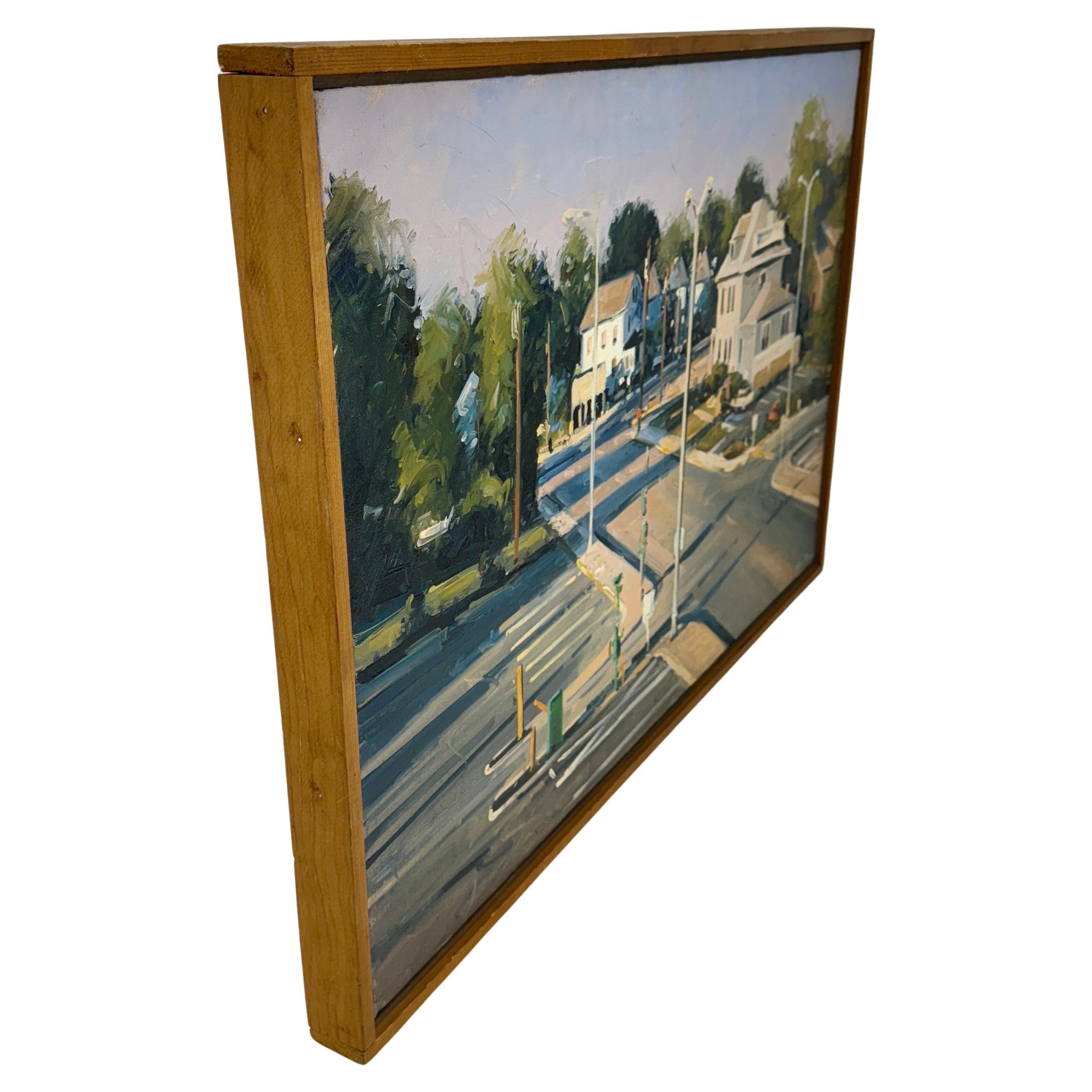 American Chris Nissen Oil Painting Mid-Century Street Scene of Intersection, Framed For Sale