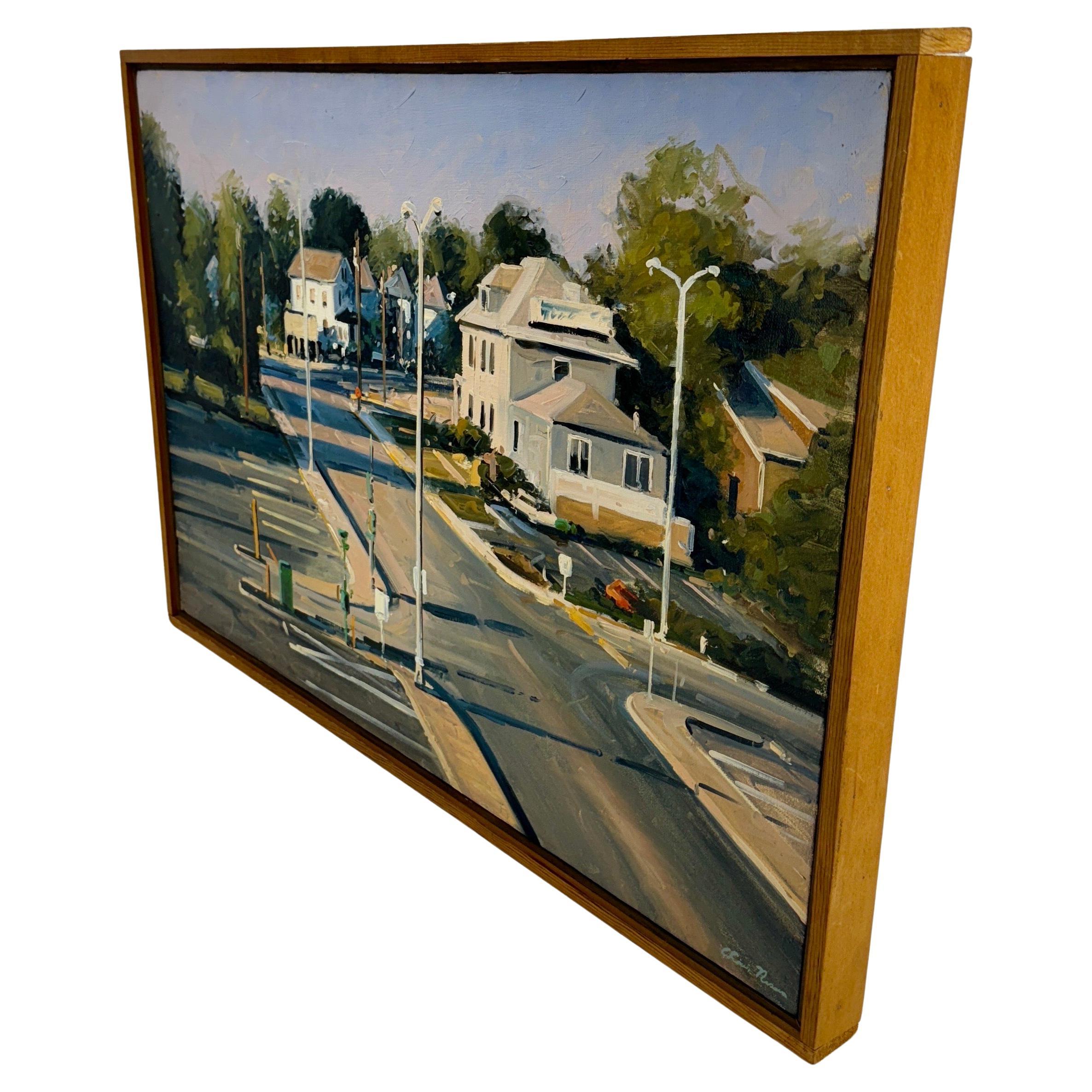 Hand-Painted Chris Nissen Oil Painting Mid-Century Street Scene of Intersection, Framed For Sale