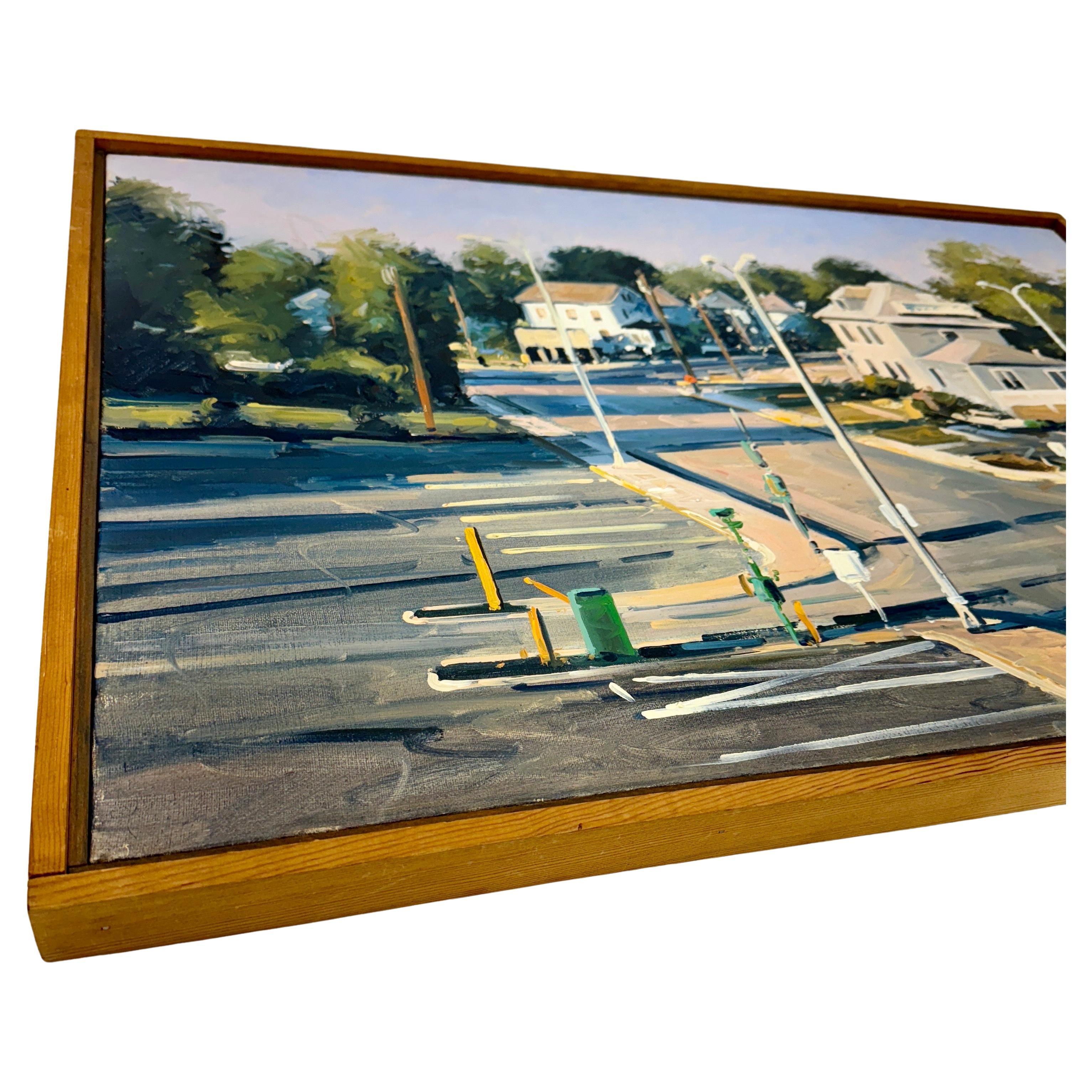Chris Nissen Oil Painting Mid-Century Street Scene of Intersection, Framed In Good Condition For Sale In Haddonfield, NJ