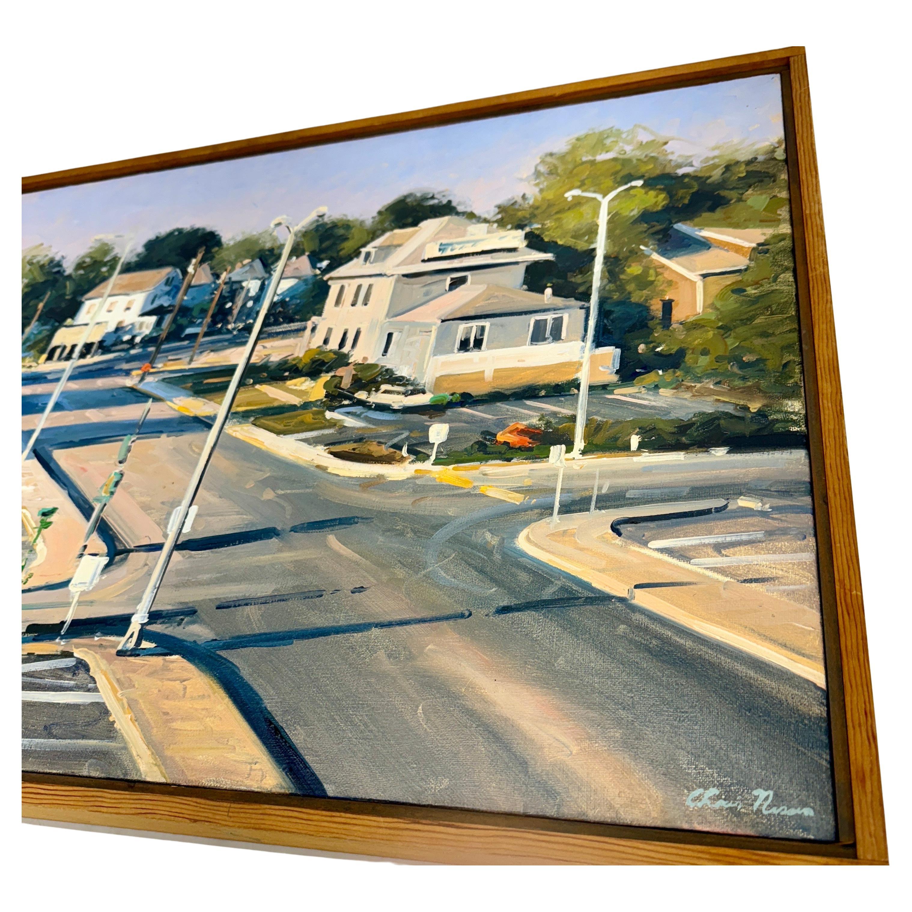 20th Century Chris Nissen Oil Painting Mid-Century Street Scene of Intersection, Framed For Sale