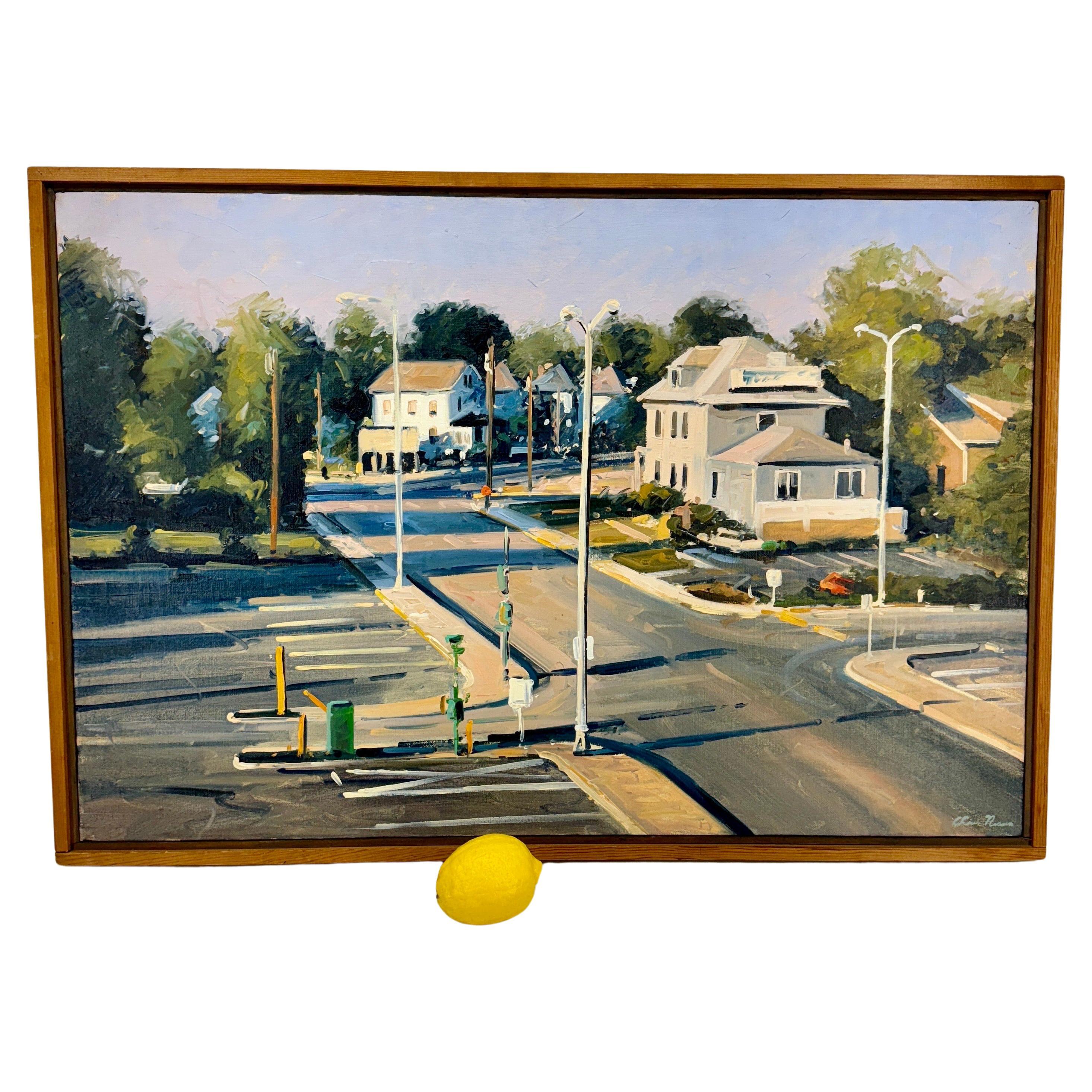 Chris Nissen Oil Painting Mid-Century Street Scene of Intersection, Framed For Sale