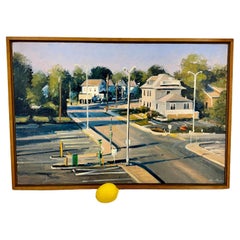 Retro Chris Nissen Oil Painting Mid-Century Street Scene of Intersection, Framed