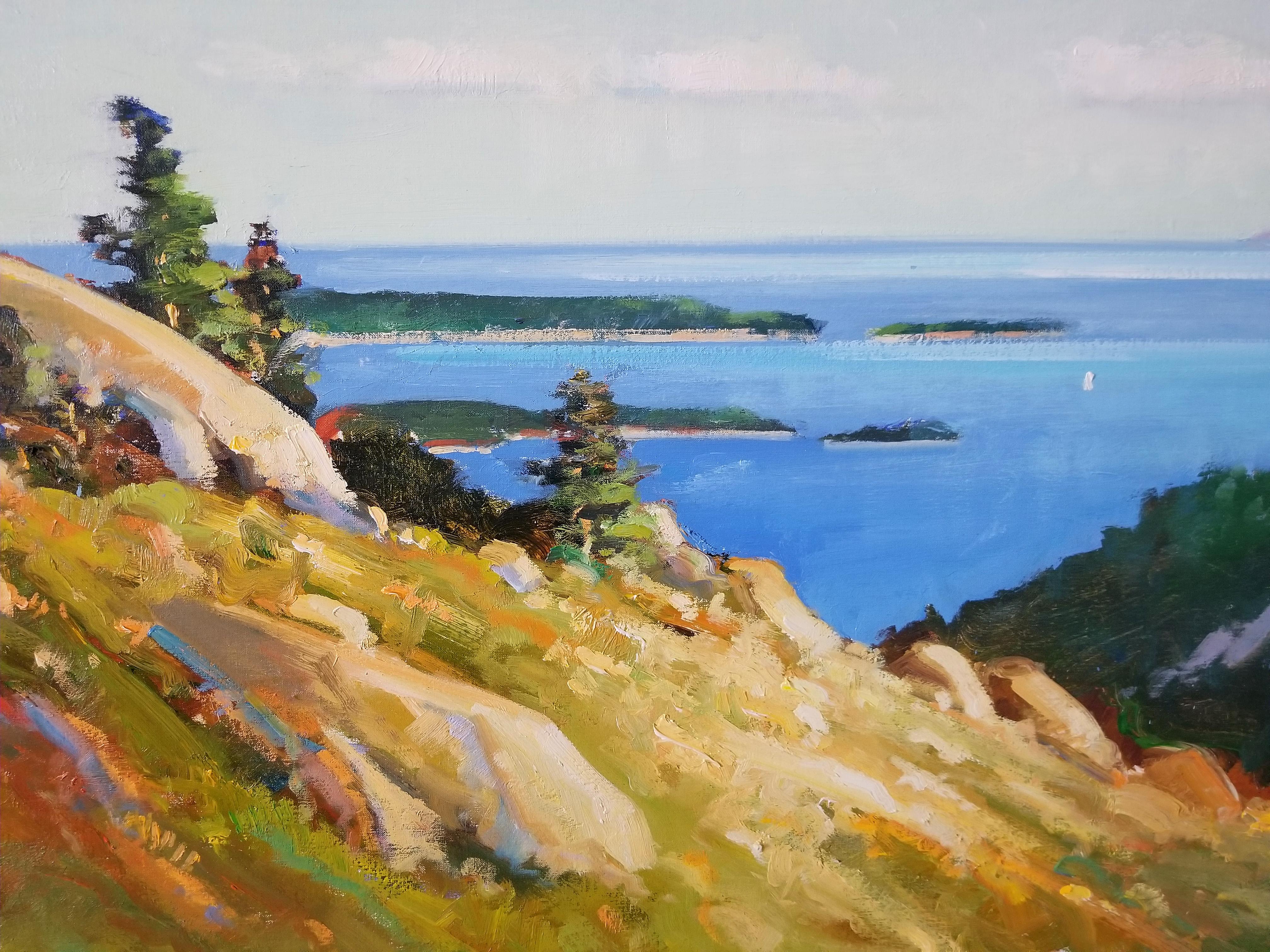 Paisaje de Maine, Mirando hacia Bar Harbor, Maine - Painting de Chris Nissen