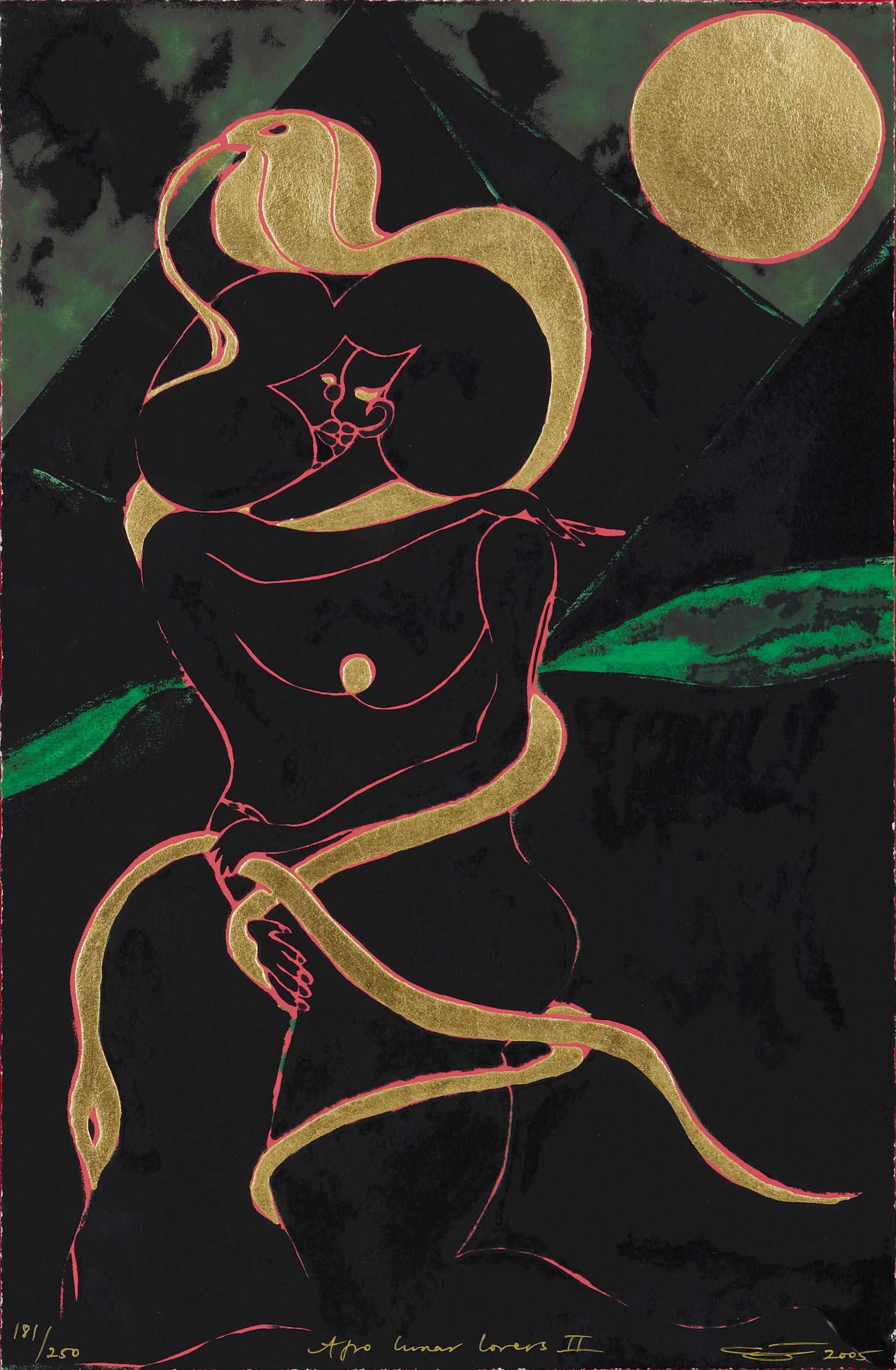Afro Lunar Lovers II, 21st century gold leave and embossed screenprint - Print by Chris Ofili