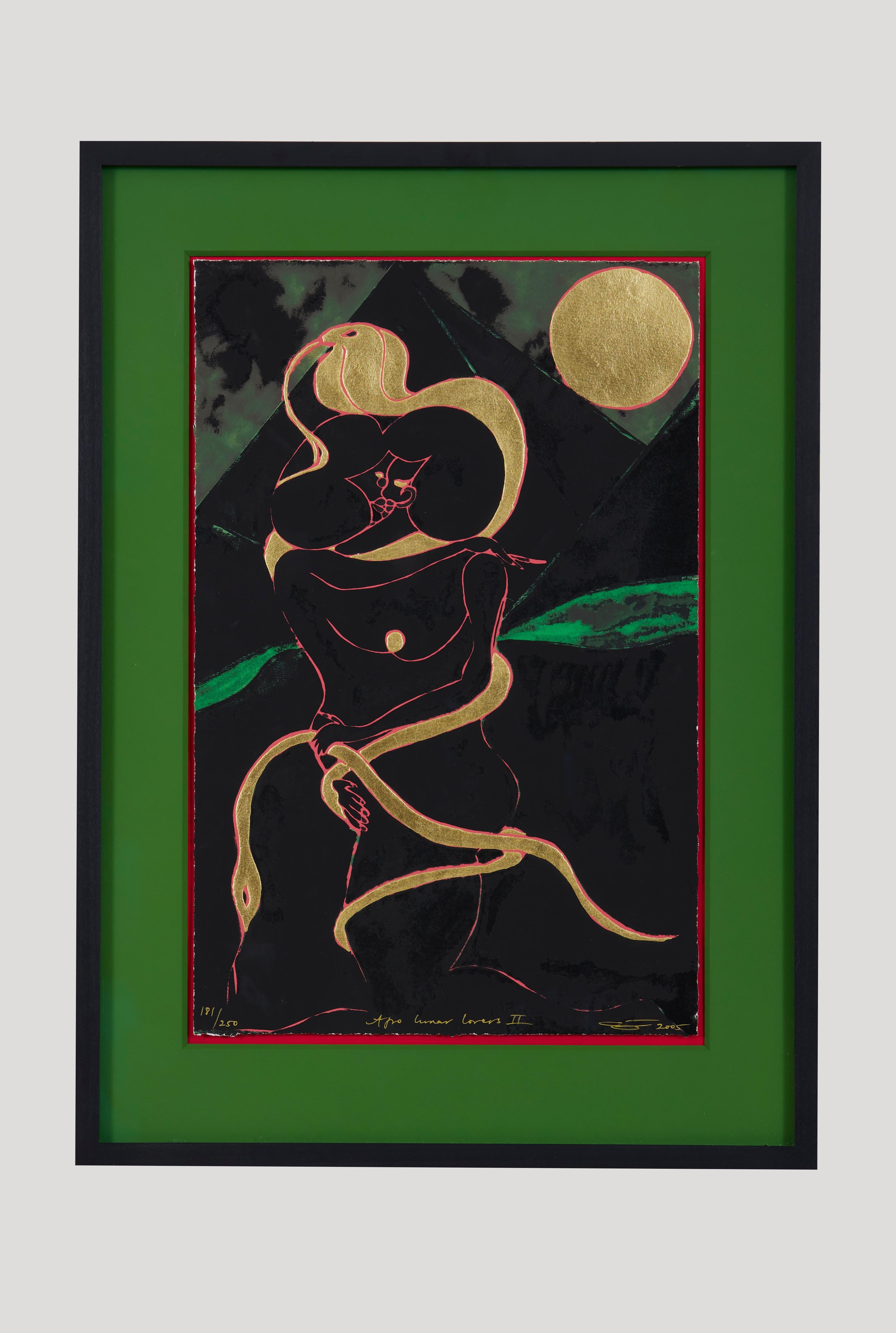 Afro Lunar Lovers II, 21st century gold leave and embossed screenprint - Contemporary Print by Chris Ofili