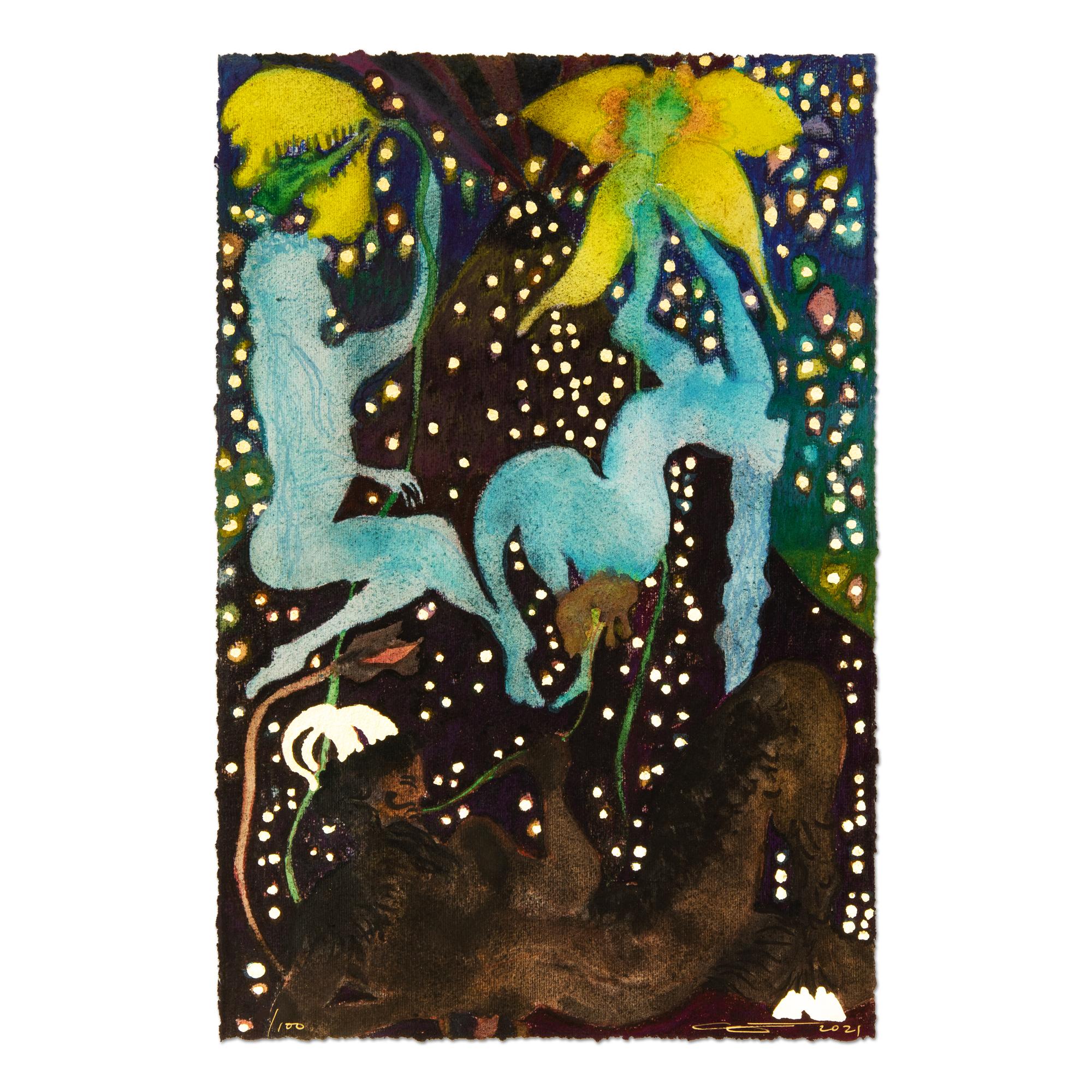 Chris Ofili (British, b. 1968)
Afternoon with La Soufrière (prelude 4), 2021
Medium: Digital pigment print and gold leaf on Somerset Velvet
Dimensions: 26.1 x 38.6 cm
Edition of 100 + 20 AP: Hand-signed and numbered