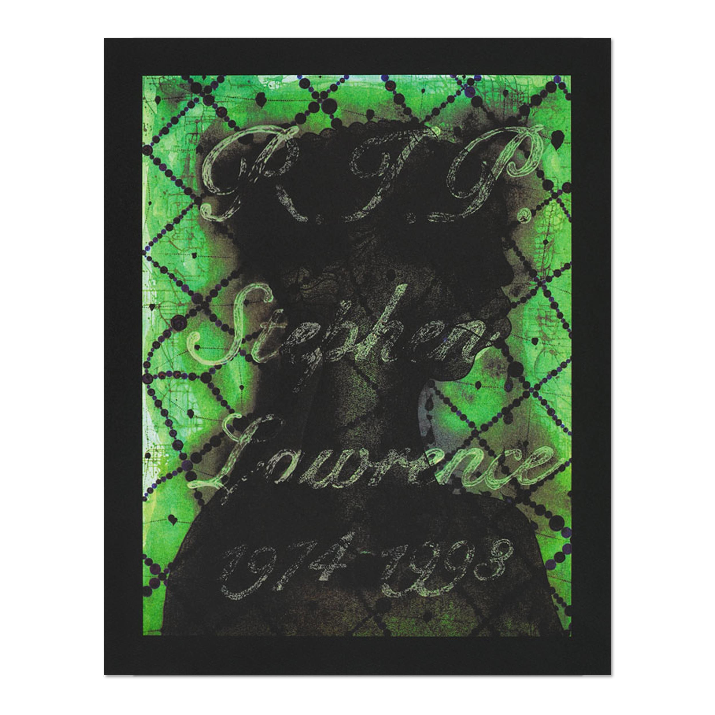 Chris Ofili (born 1968 in Manchester)
R.I.P. Stephen Lawrence 1974 – 1993, 2013
Medium: Lithograph and photoluminescent silkscreen on paper
Size: 45 x 35.6 cm (17.7 x 14 in)
Edition of 100: Hand signed and numbered on accompanied certificate of