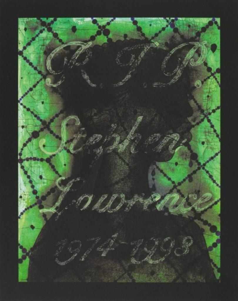 Chris Ofili
R.I.P. Stephen Lawrence 1974 - 1993, 2013
Lithographic print in 4 colours with silkscreened glow-in-the-dark text
17 7/10 × 14 inches
Edition of 100
Accompanied by a numbered certificate of authenticity hand signed by the