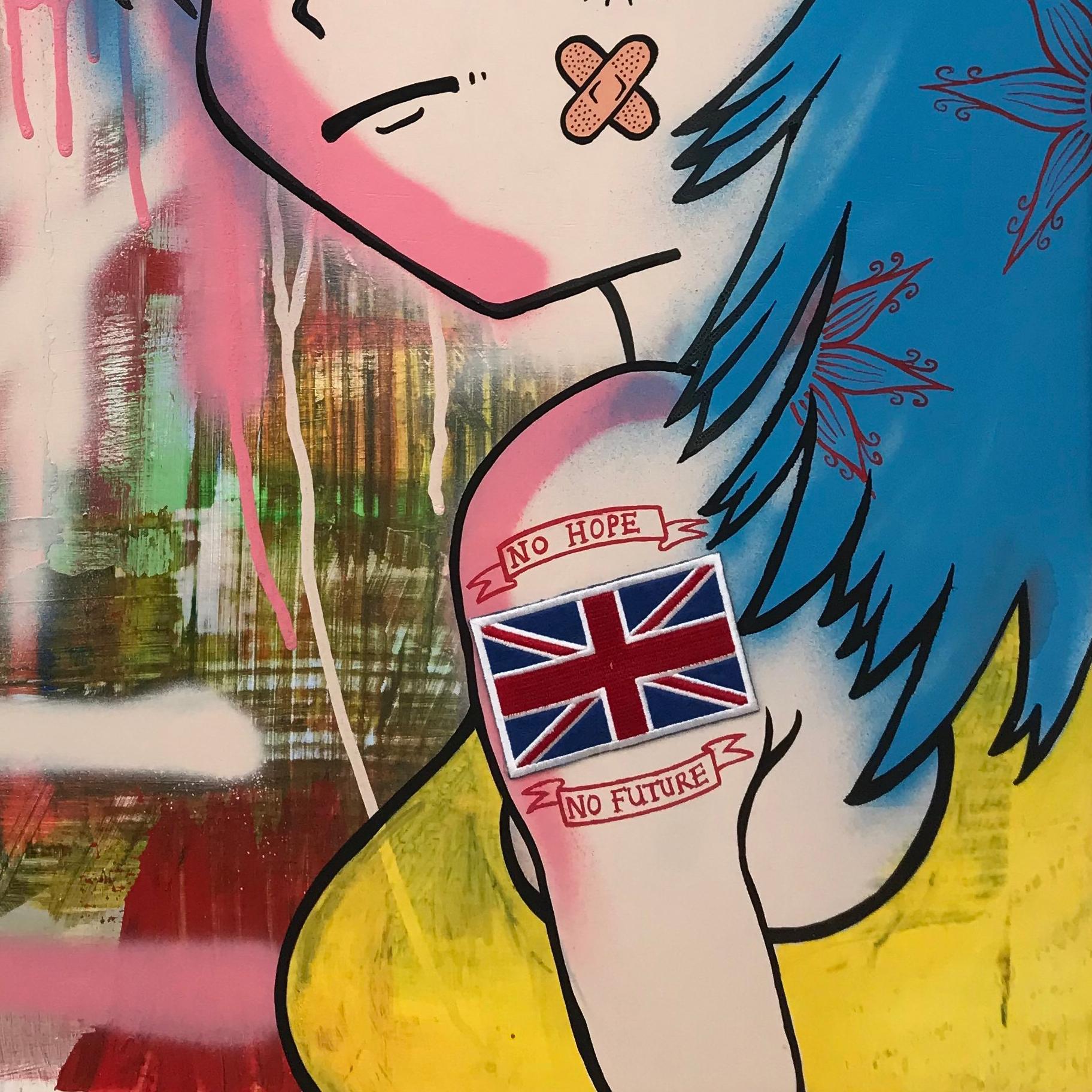 Graffiti Pop Art of Female Figure by Banksy Inspired British Street Urban Artist - Brown Portrait Painting by Chris Pegg