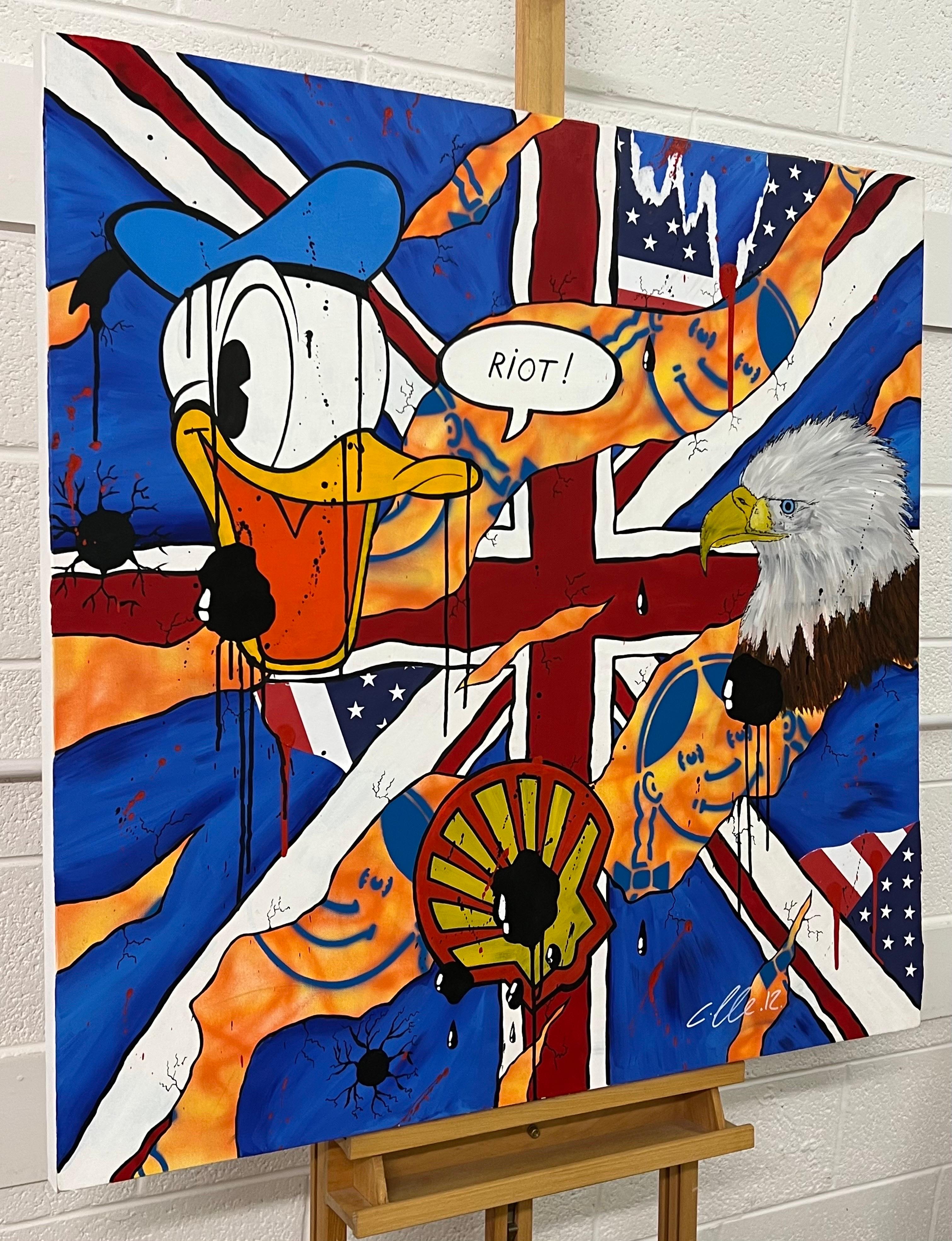 Donald Duck & Shell Oil Cartoon Zeitgenössische Pop Art des britischen Urban Graffiti Künstlers Chris Pegg mit dem Titel 'Riot'. Chris Pegg ist ein autodidaktischer Street Artist, der Kunstwerke mit einem starken sozialen Kommentar produziert. 