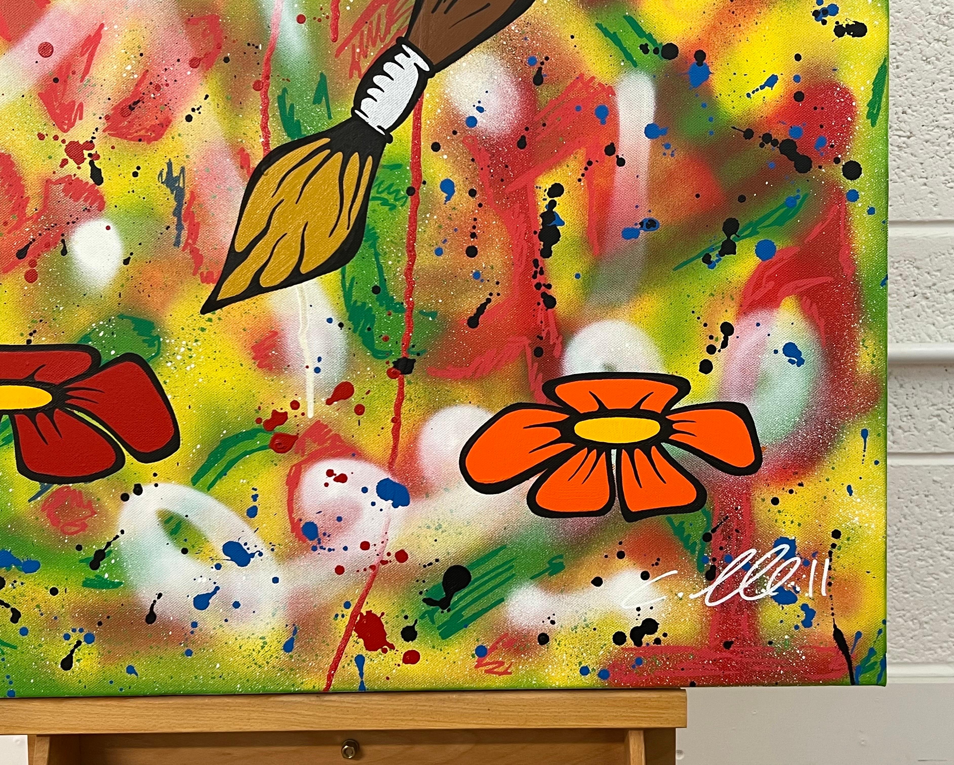 Flowers & Paint Brush Pop Art on Abstract Background by British Graffiti Artist 4