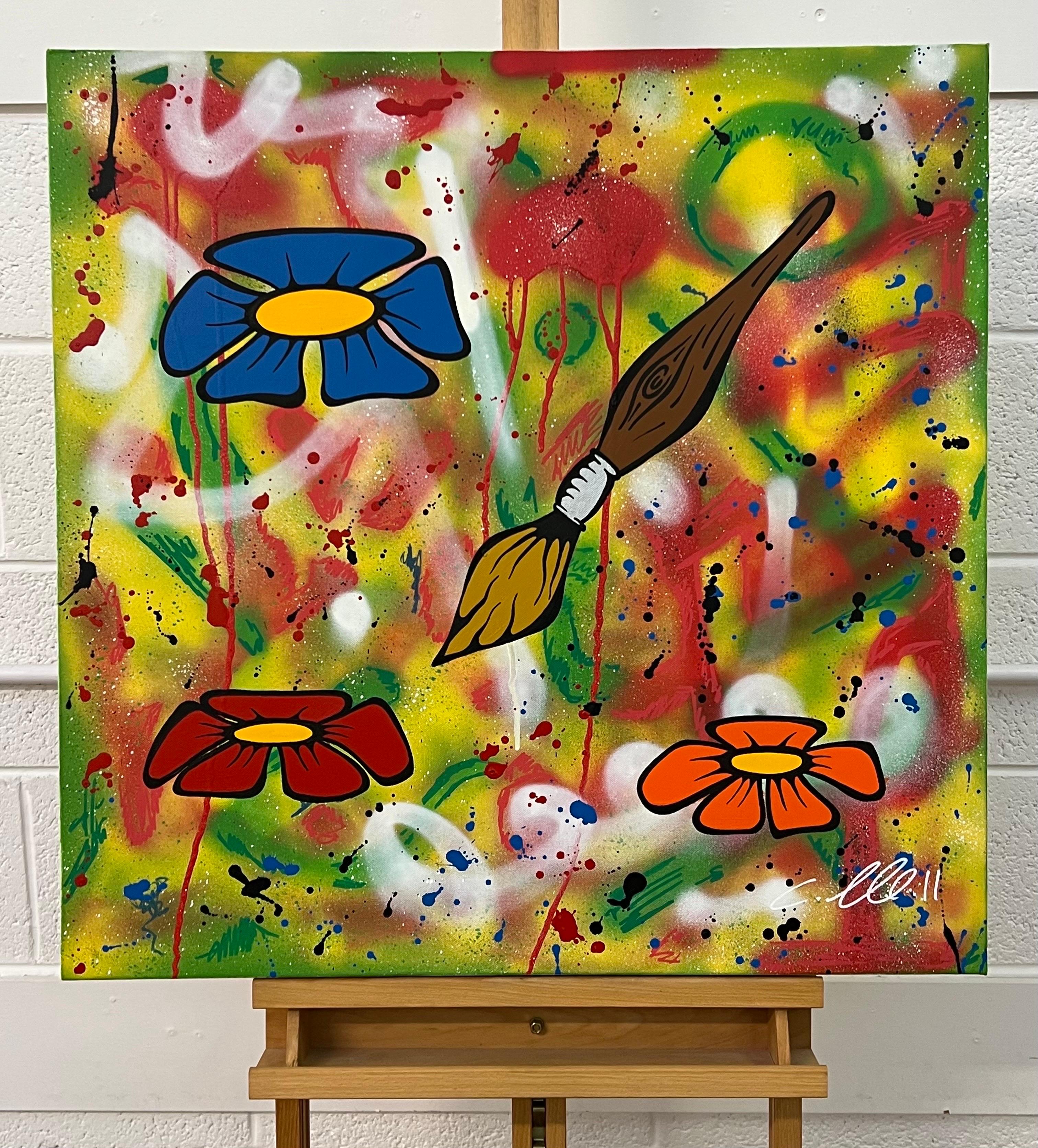 Flowers & Paint Brush Pop Art on Abstract Background by British Graffiti Artist - Painting by Chris Pegg