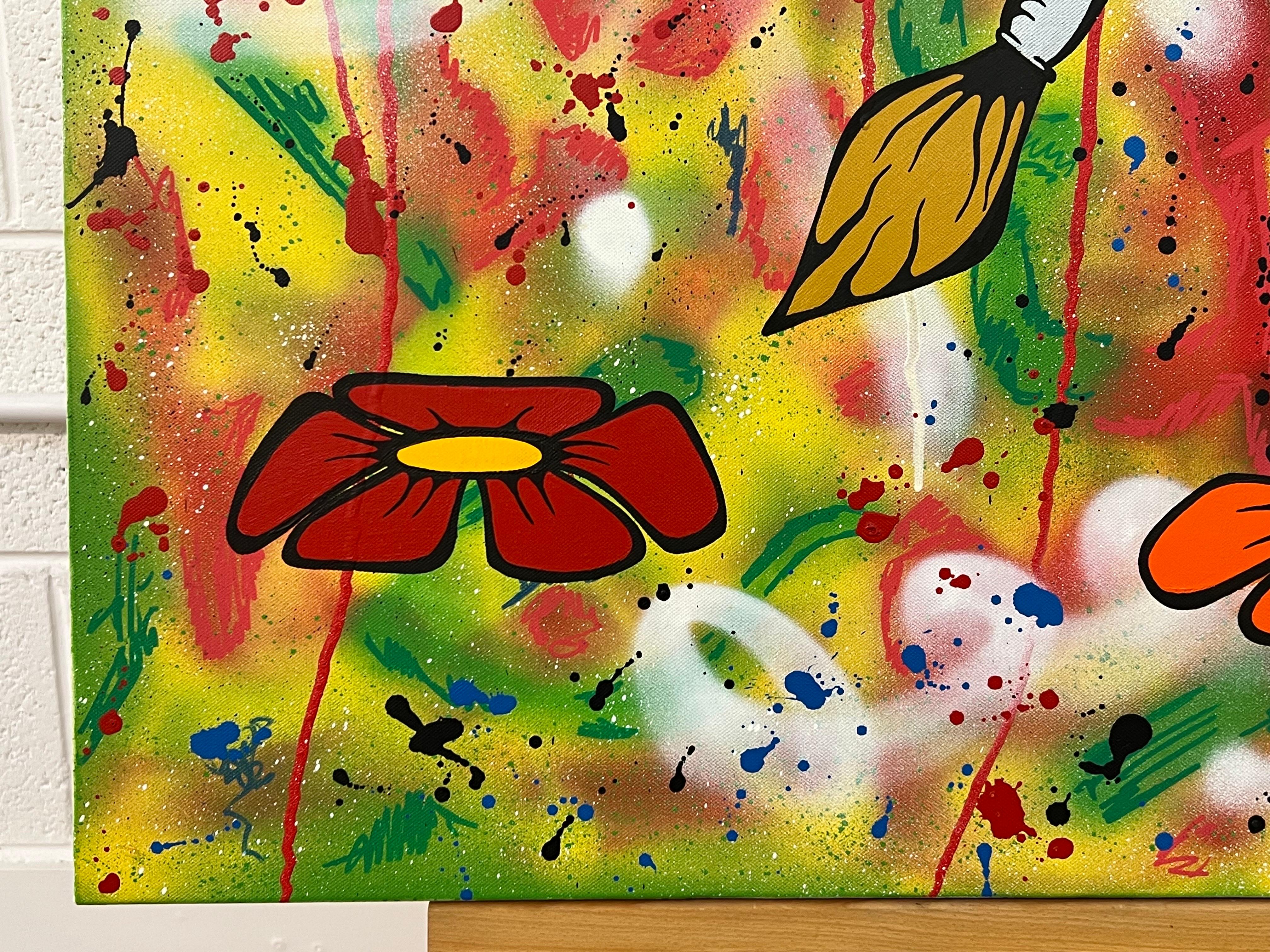 Flowers & Paint Brush Pop Art on Abstract Background by British Graffiti Artist 2