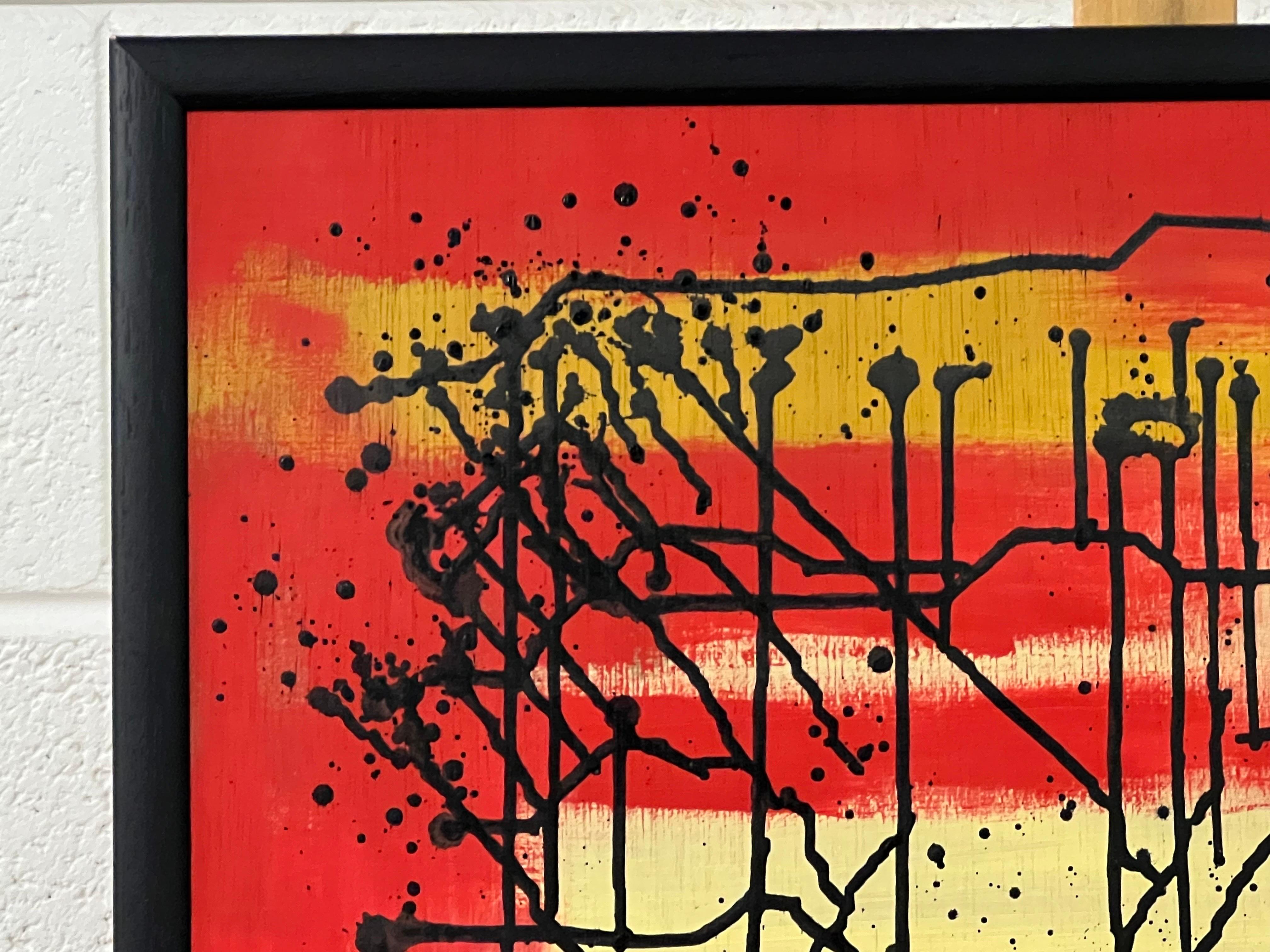 'Fractured Mind' - Abstract Painting on Board by British Urban Graffiti Artist, Chris Pegg, using red, black & golden yellow. Chris Pegg is a self-taught Street Artist producing artwork with a strong social commentary. 

Art measures 24 x 24 inches