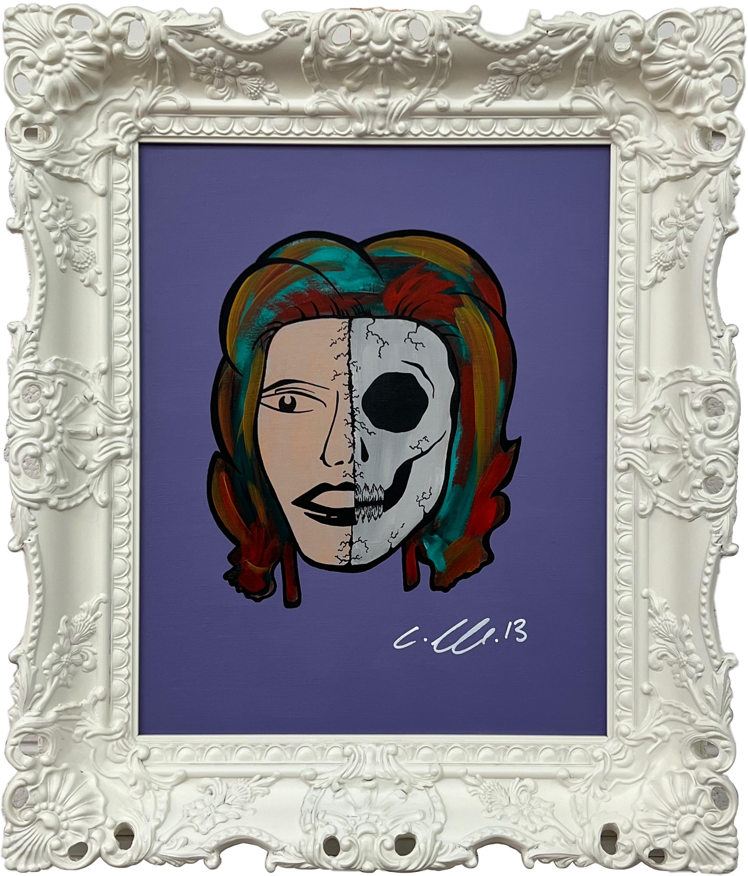 Chris Pegg Portrait Painting – Half Skull & Female Face Porträt Pop Art von britischer Urban Graffiti-Künstlerin 