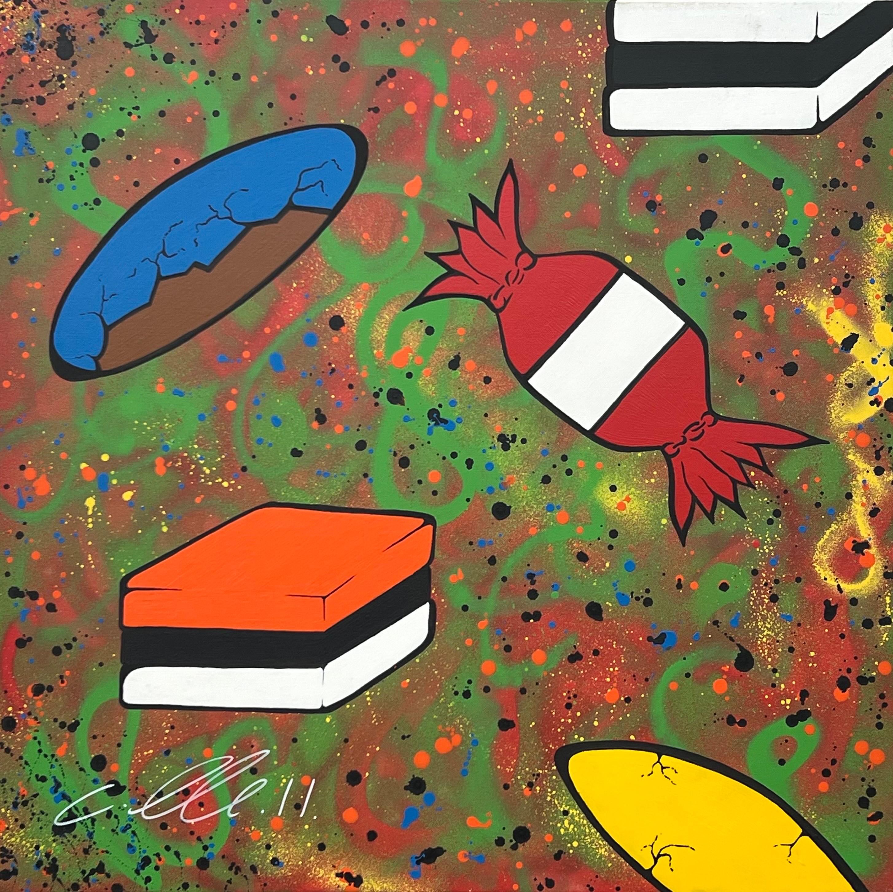 Chris Pegg Interior Painting - Liquorice Sweets Pop Art on Abstract Background by British Graffiti Artist
