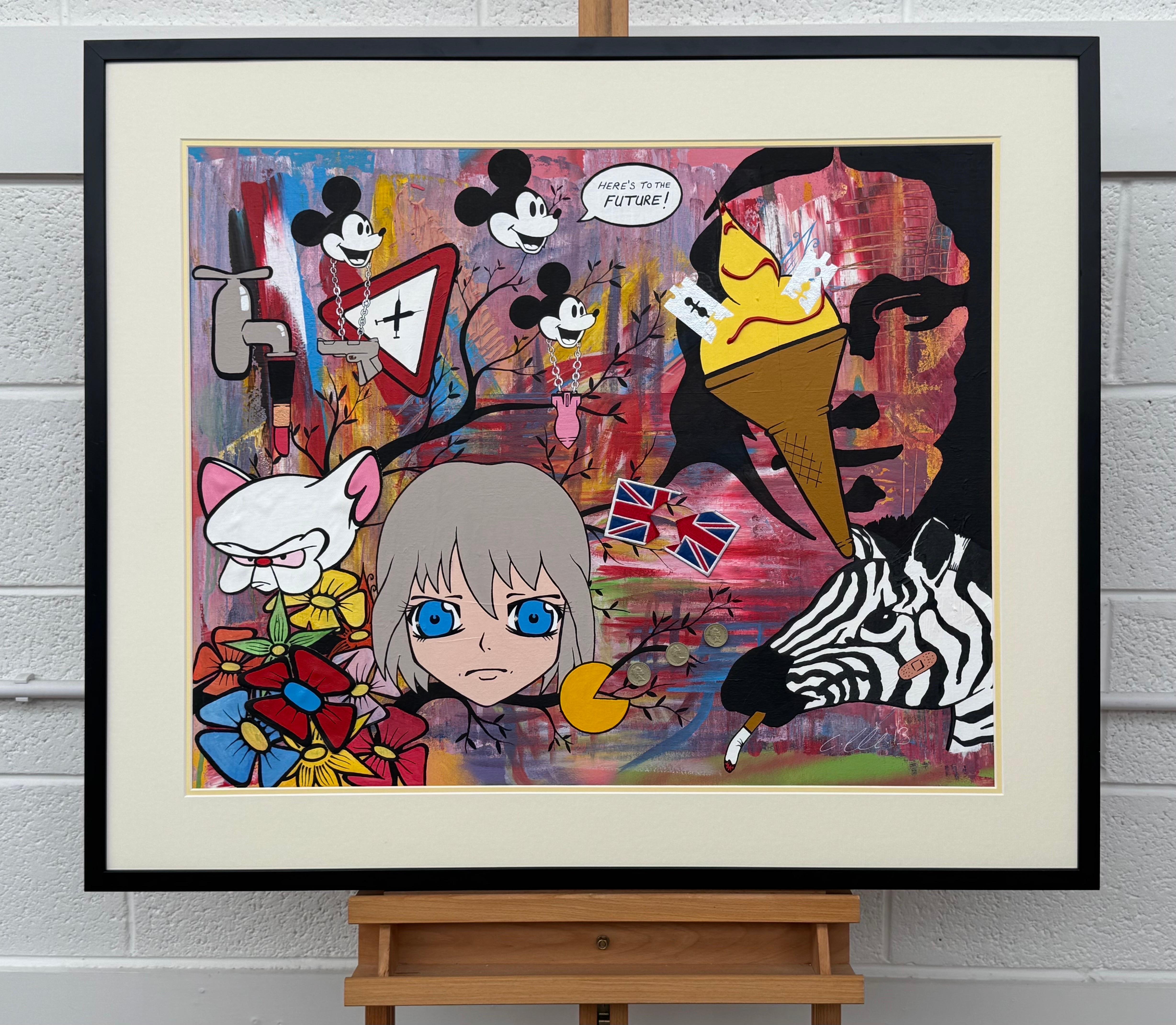 Mona Lisa Mickey Mouse Manga Cartoon Pop Art by British Urban Graffiti Artist - Beige Figurative Painting by Chris Pegg