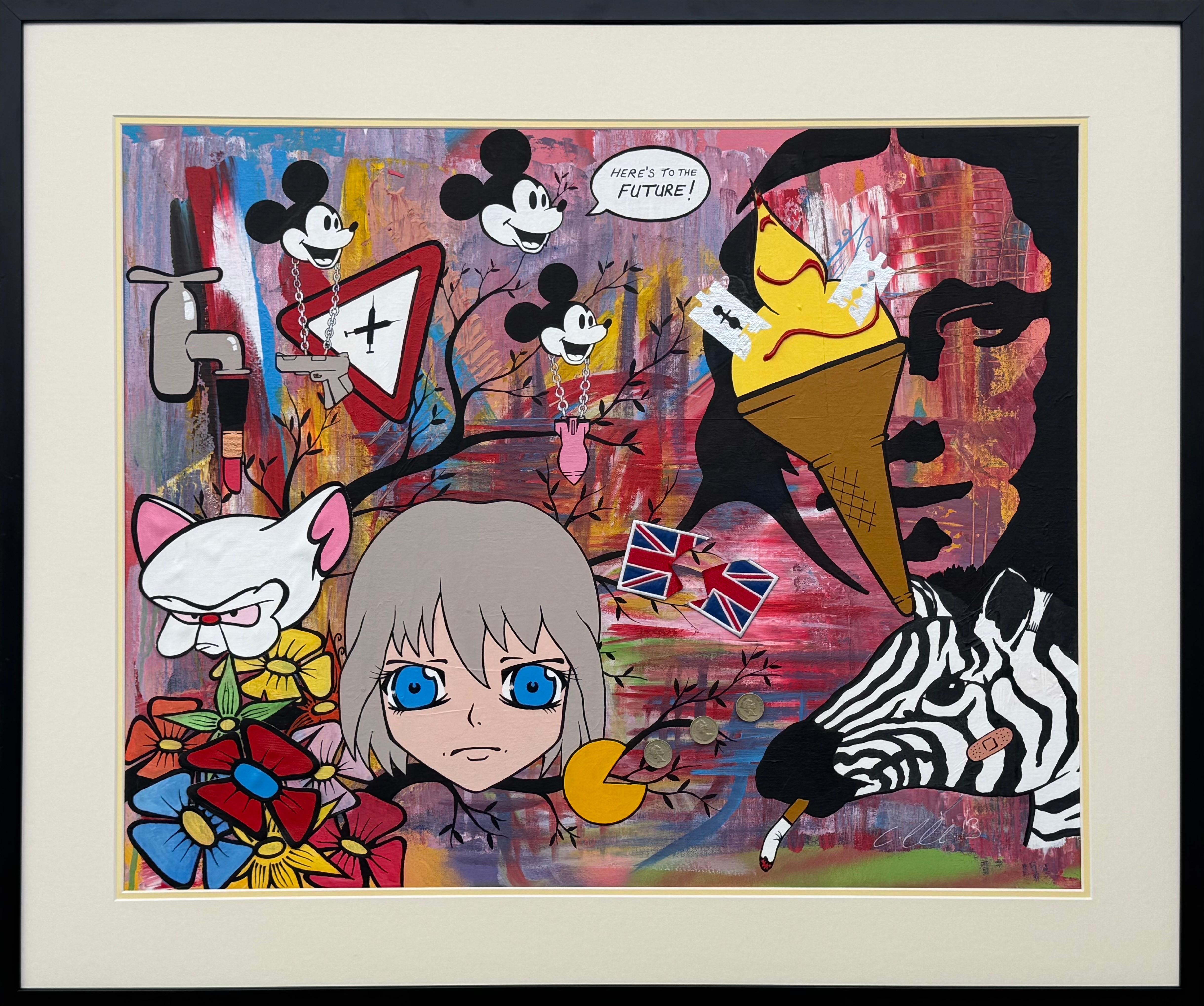 Chris Pegg Figurative Painting - Mona Lisa Mickey Mouse Manga Cartoon Pop Art by British Urban Graffiti Artist